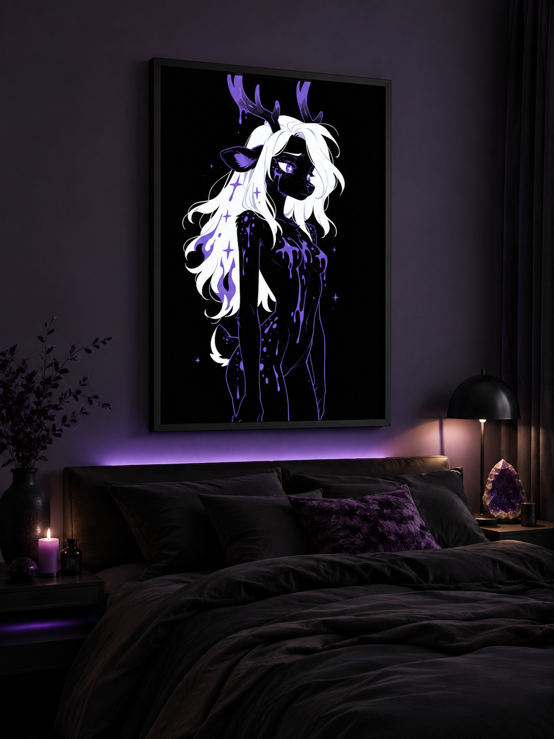 Poster dark fantasy Améthia, biche anthropomorphe noire, pupille en forme d'étoile, torse recouvert de poison violet