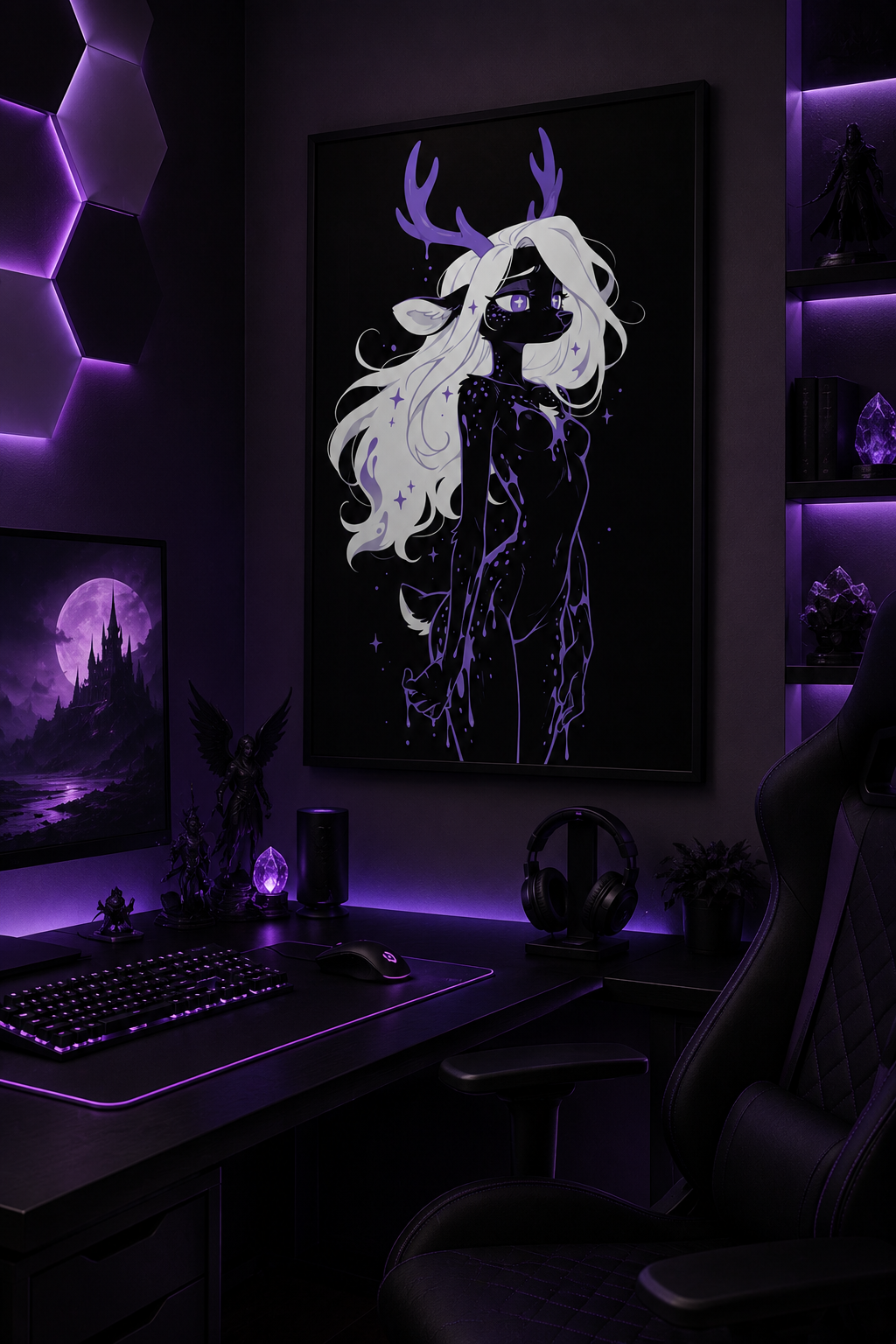 Poster dark fantasy Améthia, biche anthropomorphe noire entièrement recouverte de poison violet, des bois aux jambes