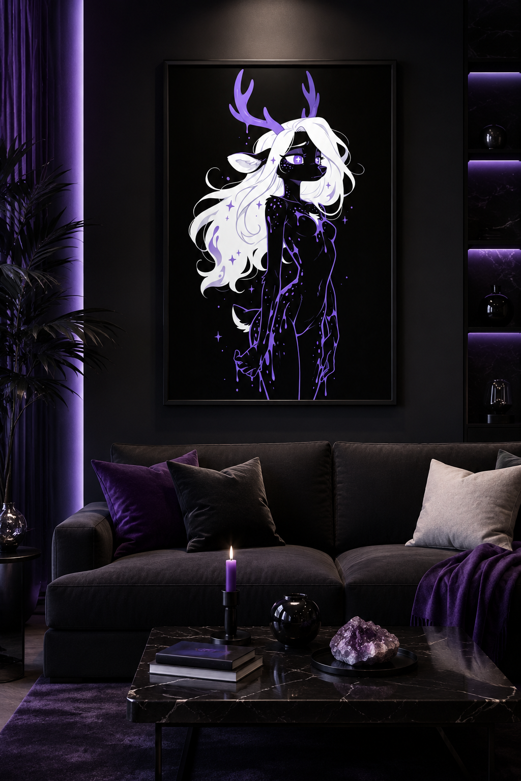 Poster dark fantasy Améthia, biche anthropomorphe noire entièrement recouverte de poison violet, des bois aux jambes