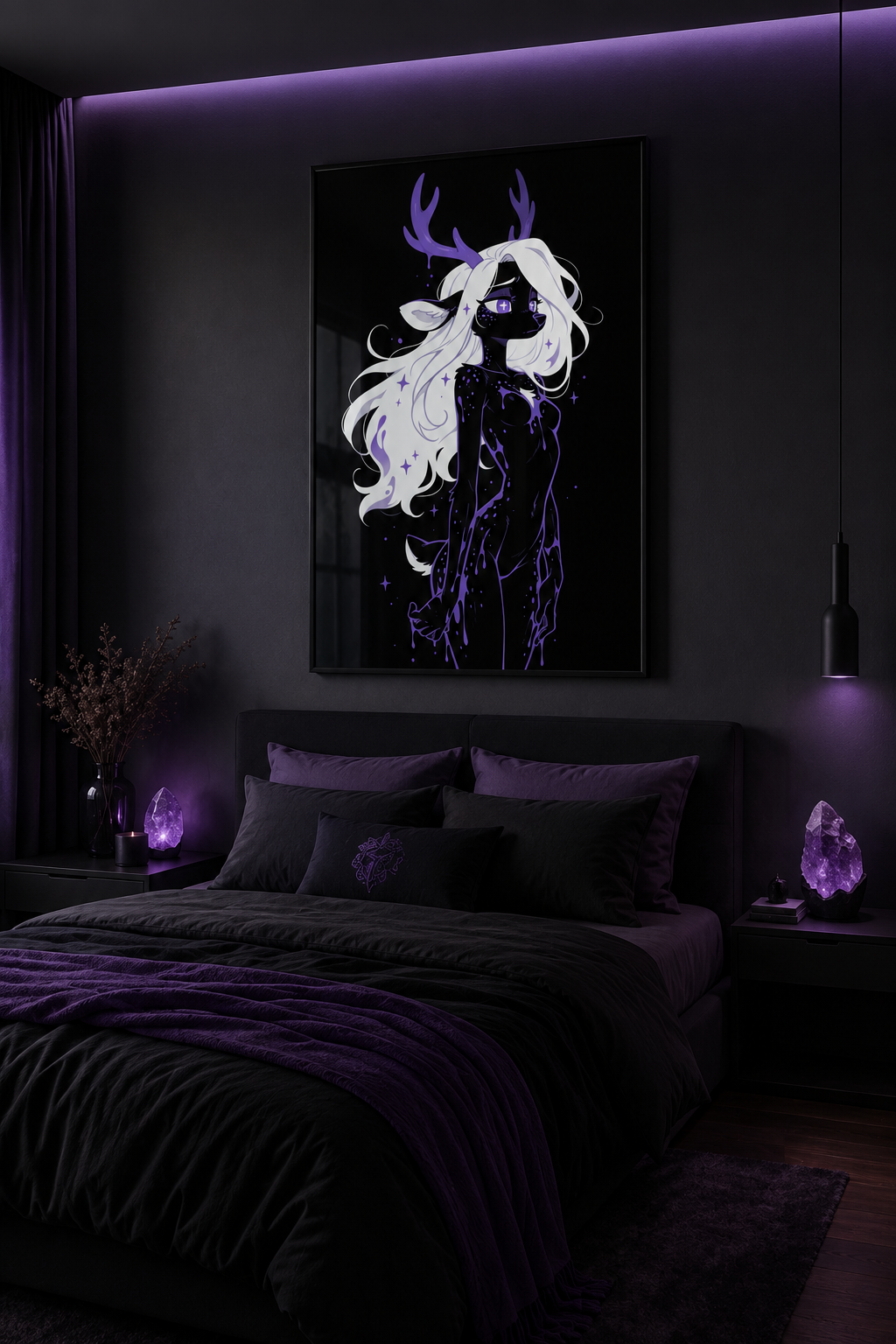 Poster dark fantasy Améthia, biche anthropomorphe noire entièrement recouverte de poison violet, des bois aux jambes