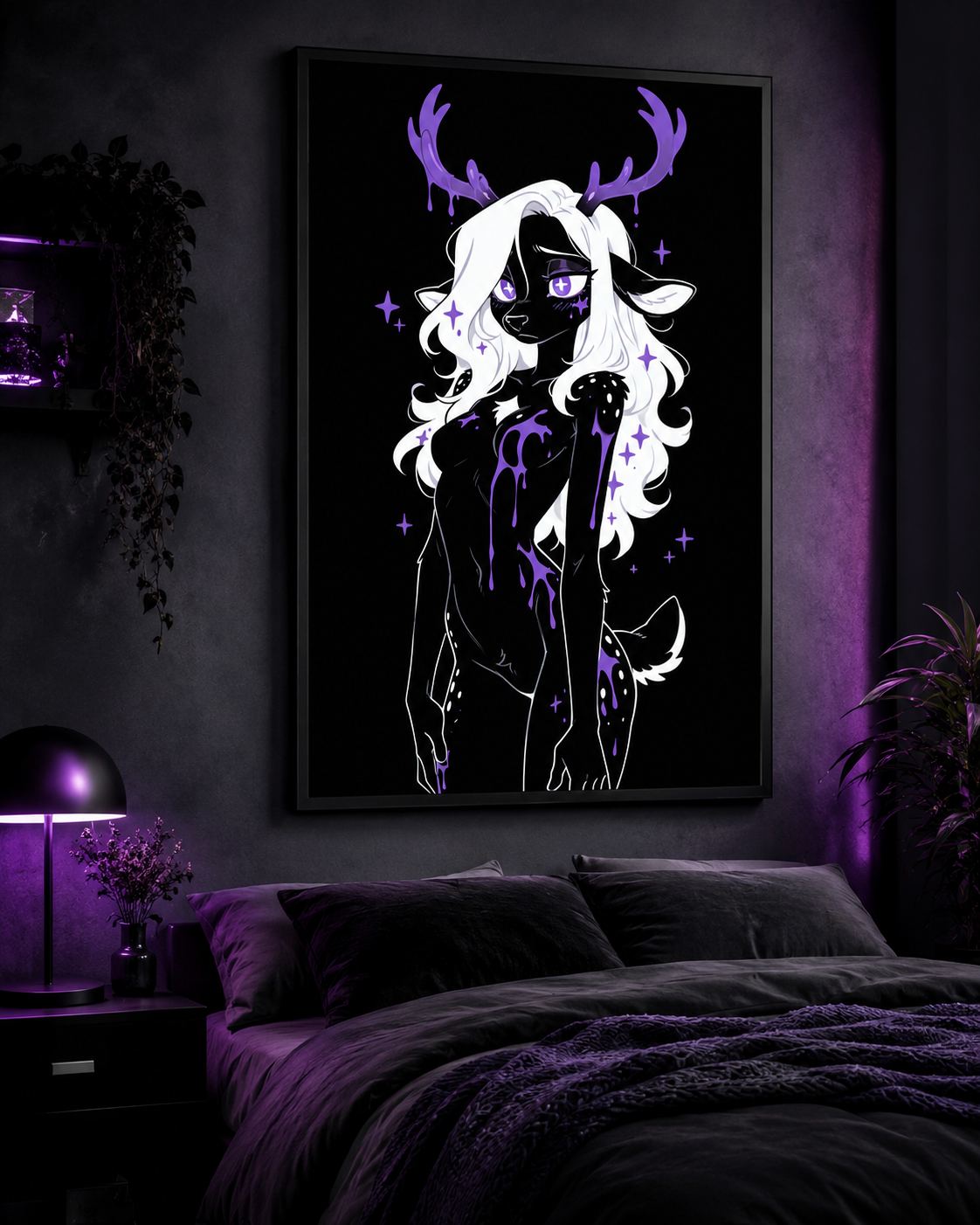 Poster dark fantasy Améthia, biche anthropomorphe noire, bras levé, goutte de poison violet suspendue aux doigts