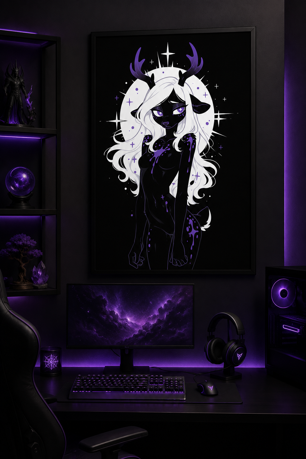 Poster dark fantasy Améthia, biche anthropomorphe noire, auréole blanche éclatante derrière la crinière, main près du visage
