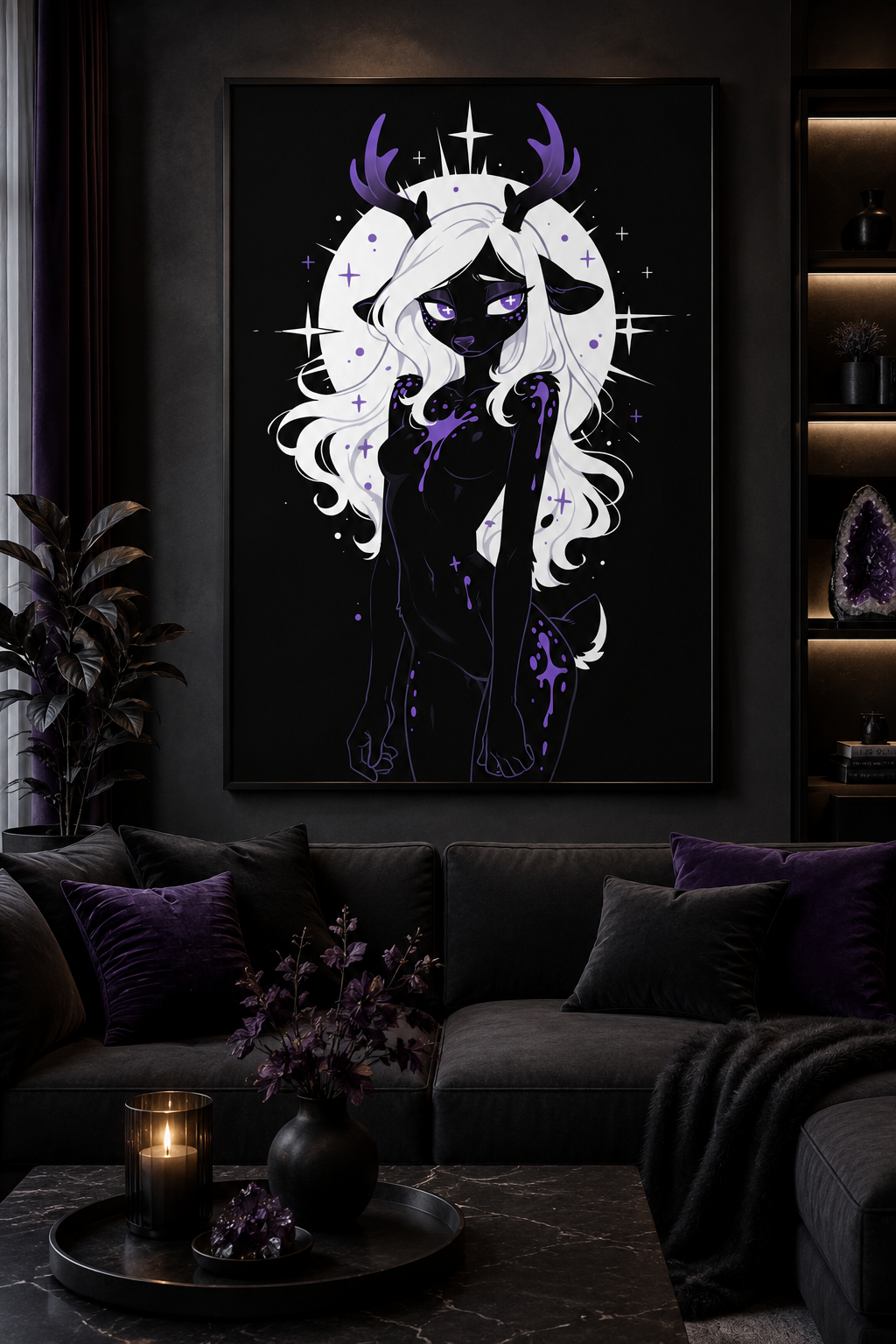 Poster dark fantasy Améthia, biche anthropomorphe noire, auréole blanche éclatante derrière la crinière, main près du visage