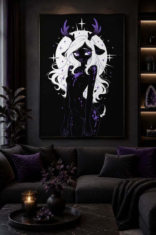 Poster dark fantasy Améthia, biche anthropomorphe noire, auréole blanche éclatante derrière la crinière, main près du visage