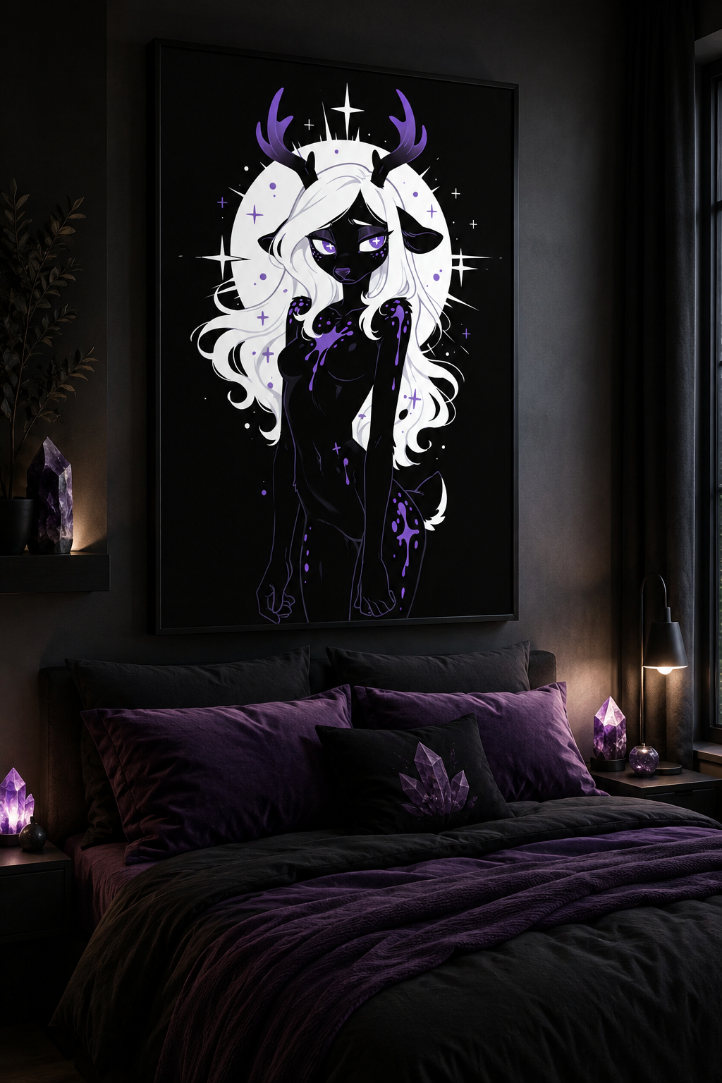 Poster dark fantasy Améthia, biche anthropomorphe noire, auréole blanche éclatante derrière la crinière, main près du visage