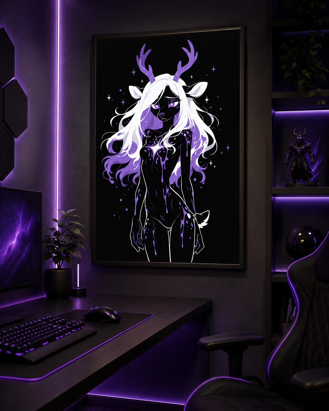 Poster dark fantasy Améthia, biche anthropomorphe noire, halo violet dense derrière la crinière, mains jointes