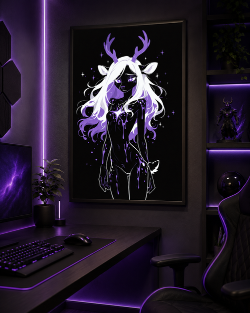 Poster dark fantasy Améthia, biche anthropomorphe noire, halo violet dense derrière la crinière, mains jointes