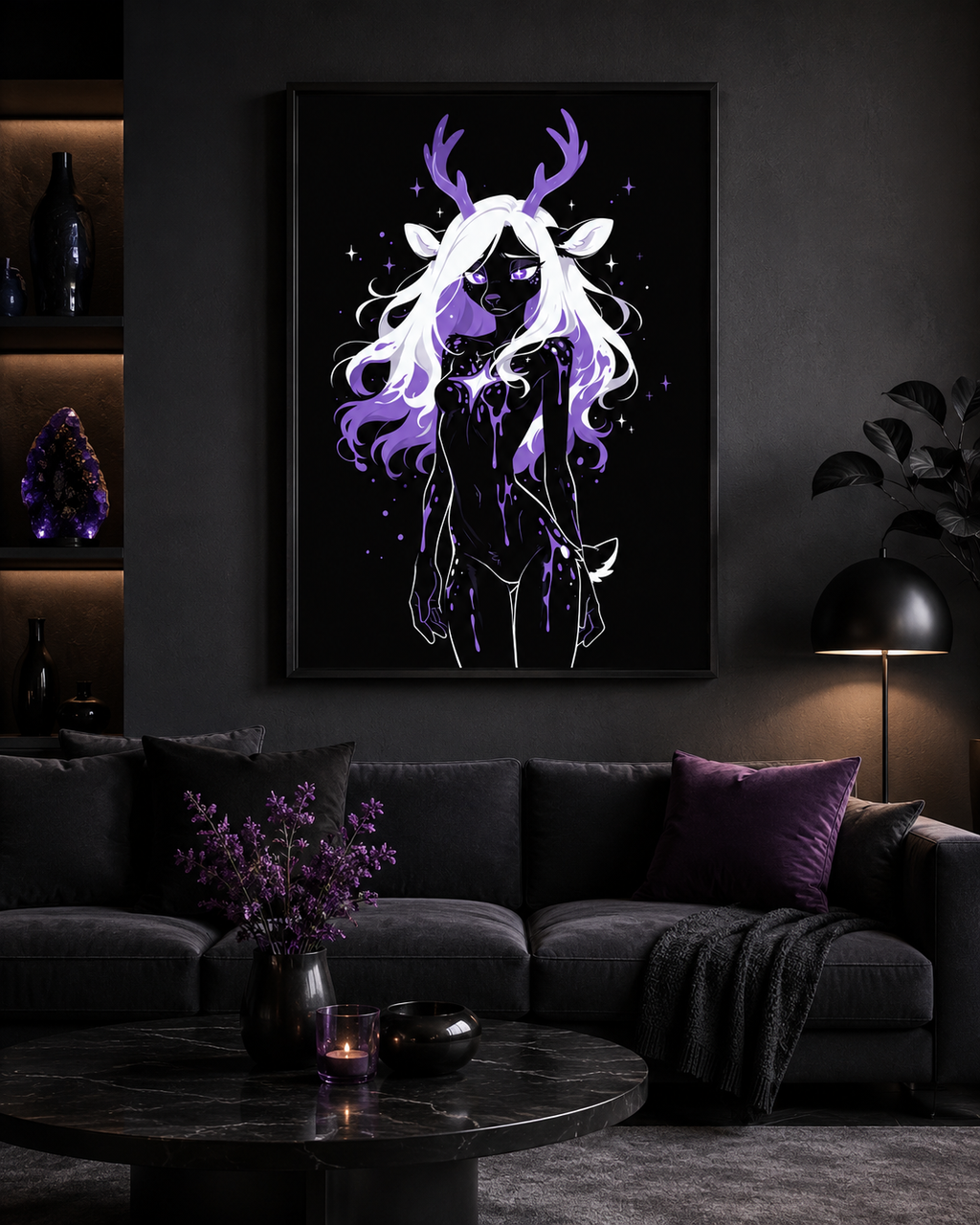 Poster dark fantasy Améthia, biche anthropomorphe noire, halo violet dense derrière la crinière, mains jointes