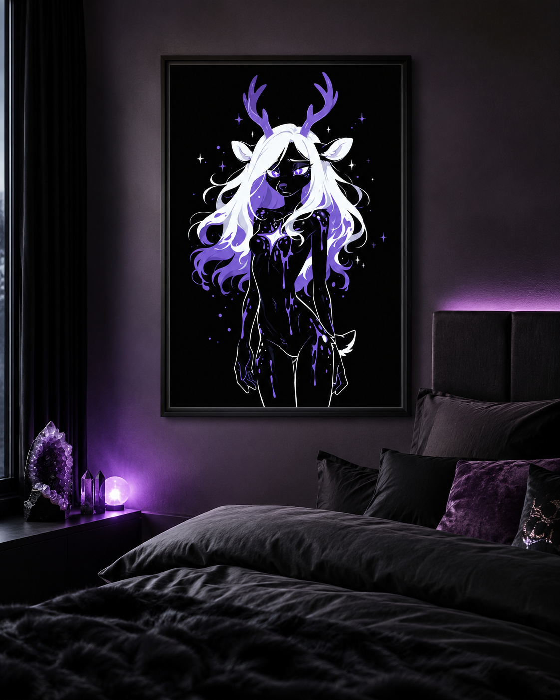 Poster dark fantasy Améthia, biche anthropomorphe noire, halo violet dense derrière la crinière, mains jointes