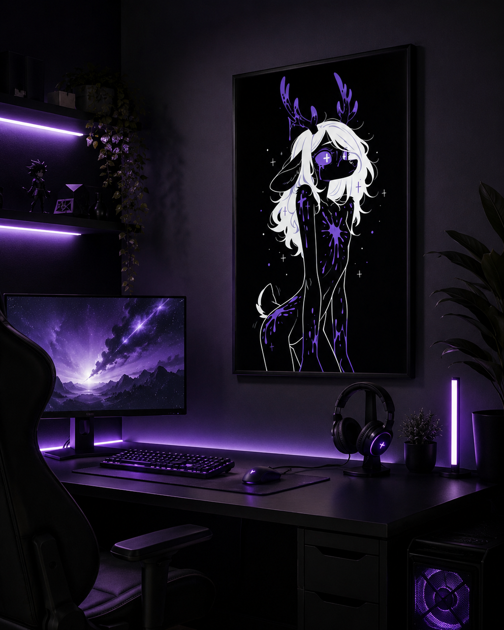 Poster dark fantasy Améthia, biche anthropomorphe noire, œil cristallisé en bille violette barrée d'une croix