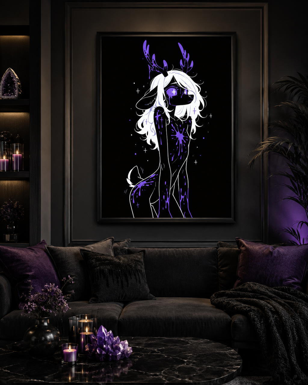 Poster dark fantasy Améthia, biche anthropomorphe noire, œil cristallisé en bille violette barrée d'une croix