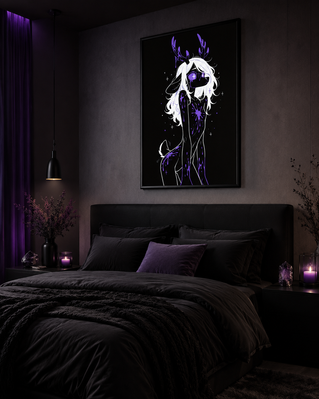 Poster dark fantasy Améthia, biche anthropomorphe noire, œil cristallisé en bille violette barrée d'une croix