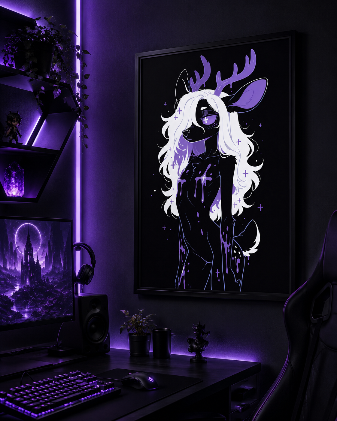 Poster dark fantasy Améthia, biche anthropomorphe noire, oreille teintée de violet profond, main à la gorge