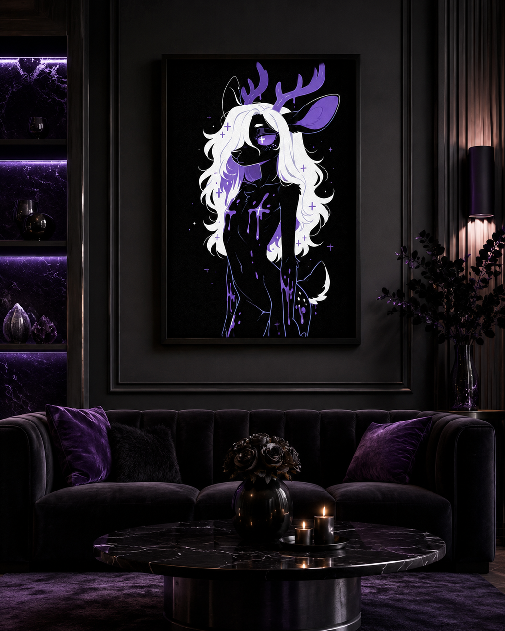 Poster dark fantasy Améthia, biche anthropomorphe noire, oreille teintée de violet profond, main à la gorge