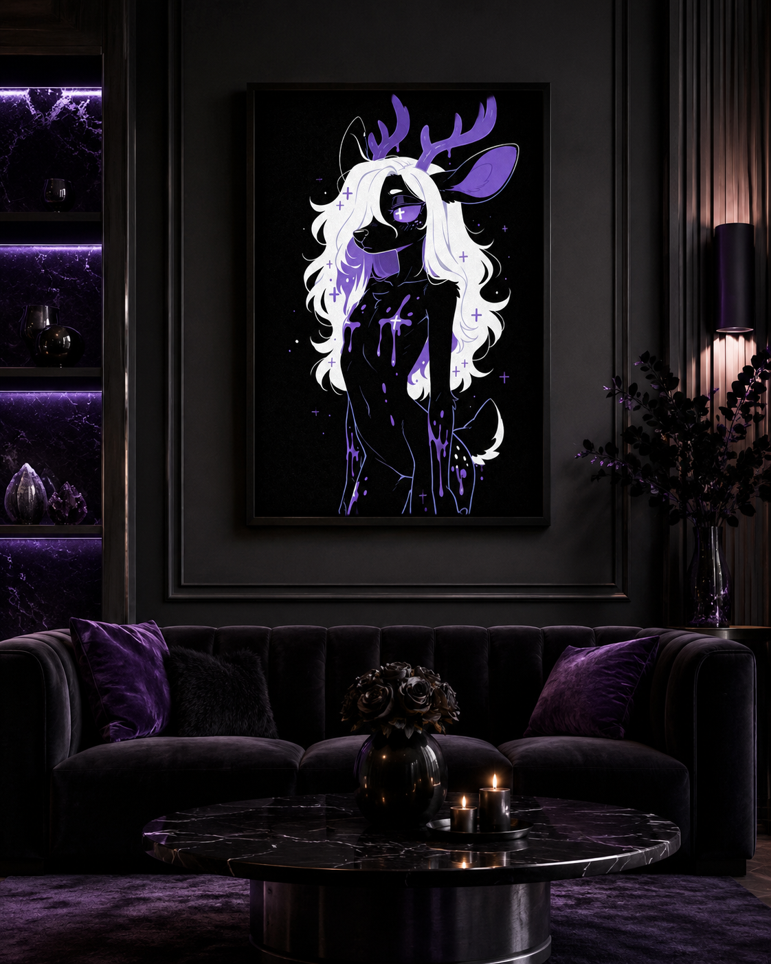Poster dark fantasy Améthia, biche anthropomorphe noire, oreille teintée de violet profond, main à la gorge