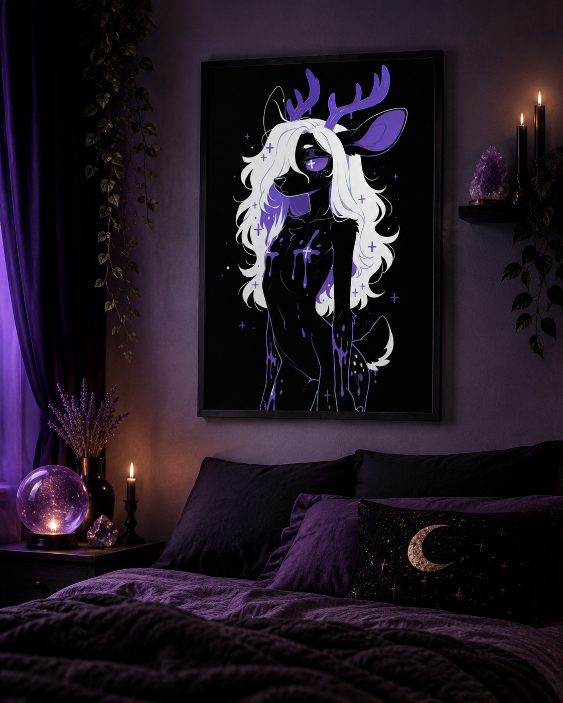 Poster dark fantasy Améthia, biche anthropomorphe noire, oreille teintée de violet profond, main à la gorge