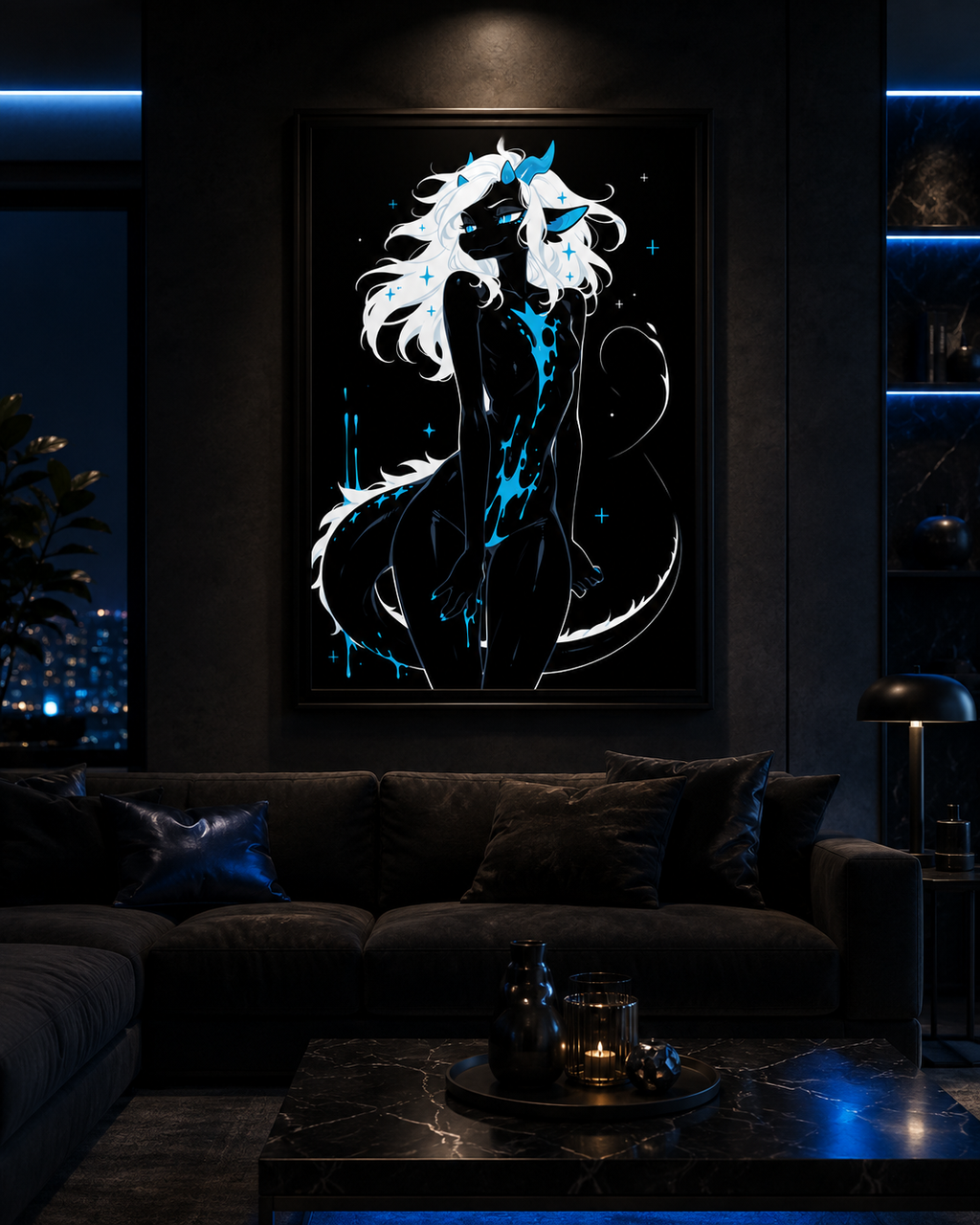 Poster dark fantasy Azuréa, dragonne anthropomorphe noire, petites cornes bleues, queue enroulée, givre liquide