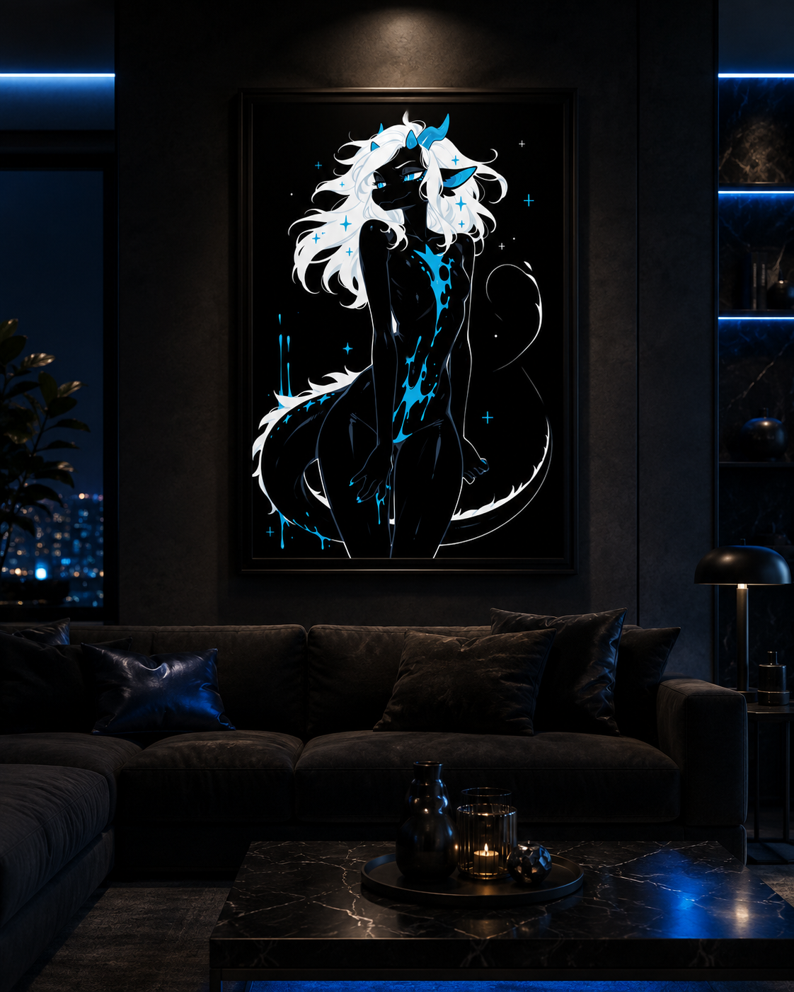 Poster dark fantasy Azuréa, dragonne anthropomorphe noire, petites cornes bleues, queue enroulée, givre liquide
