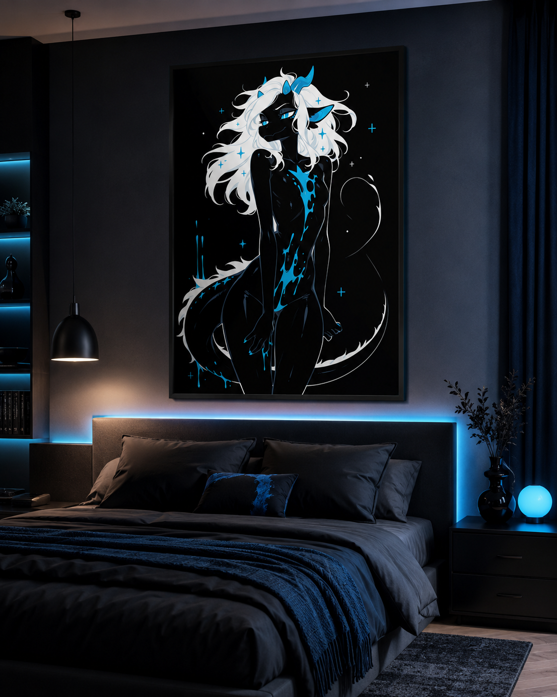 Poster dark fantasy Azuréa, dragonne anthropomorphe noire, petites cornes bleues, queue enroulée, givre liquide