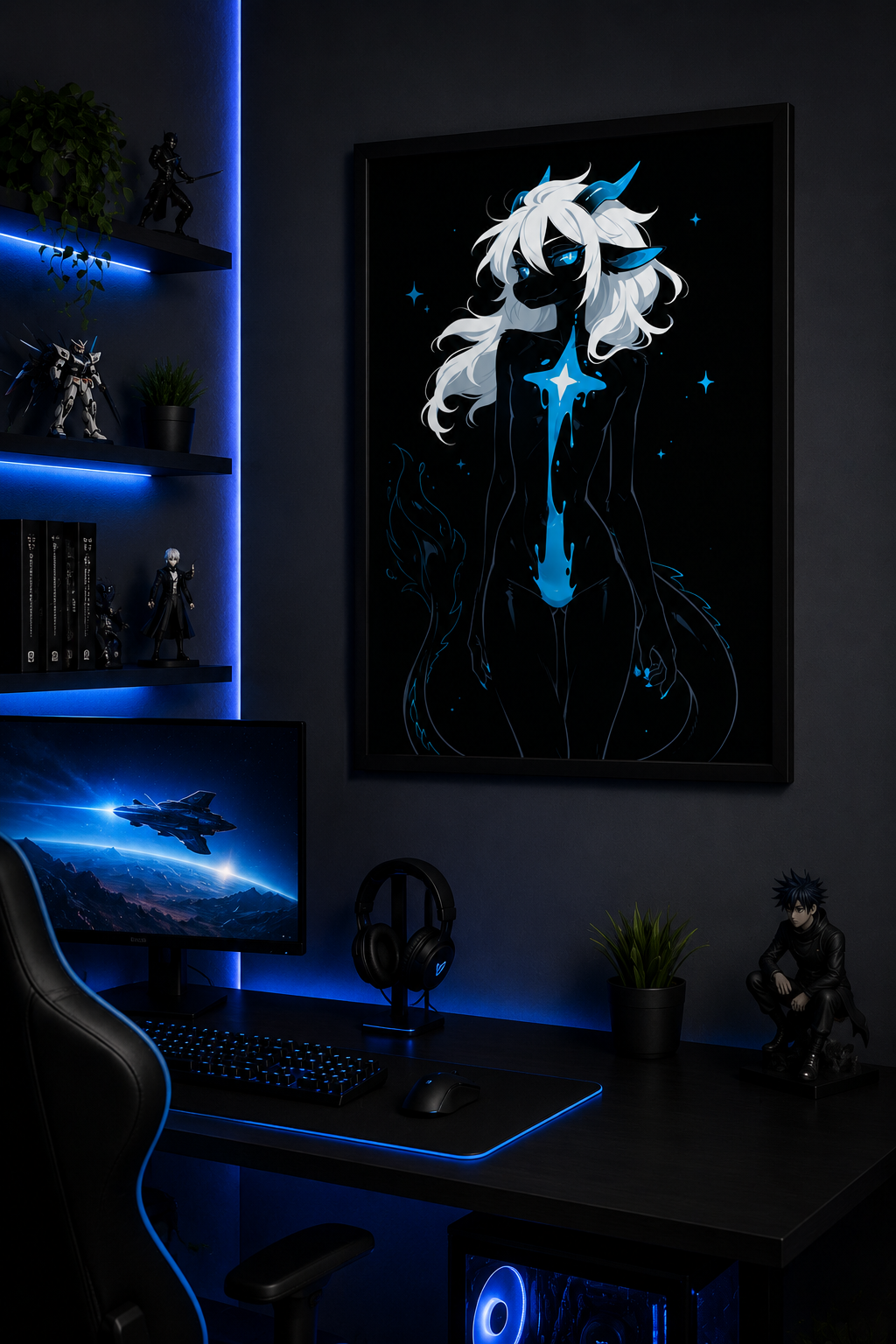 Poster dark fantasy Azuréa, dragonne anthropomorphe noire, volute de glace bleue, trait de poison net sur le ventre