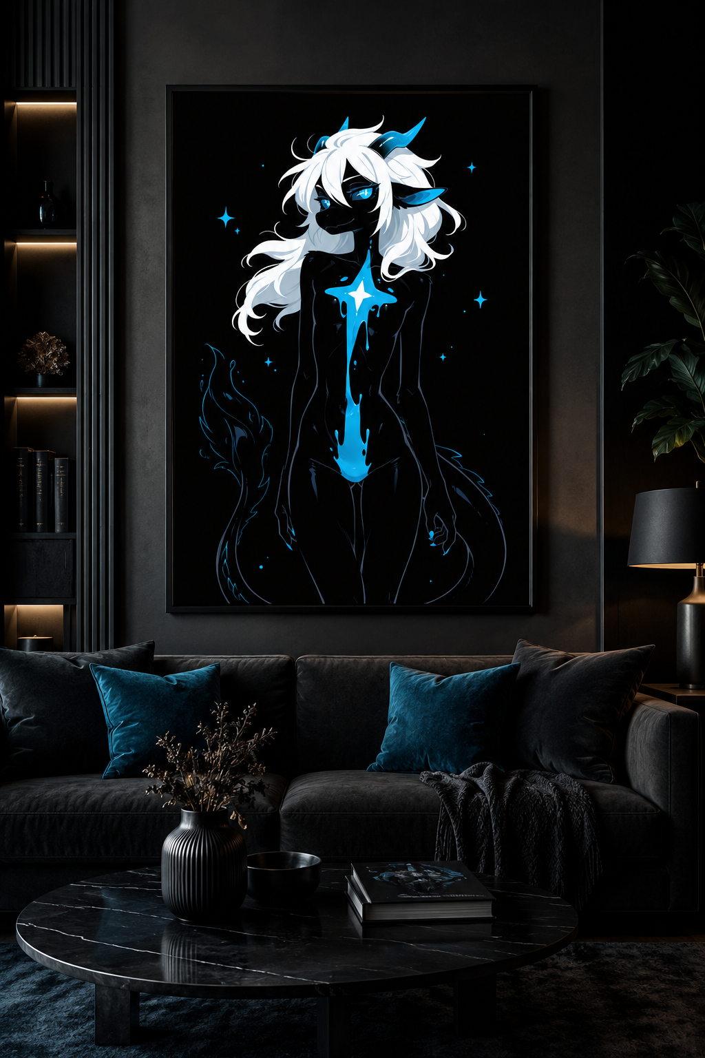 Poster dark fantasy Azuréa, dragonne anthropomorphe noire, volute de glace bleue, trait de poison net sur le ventre