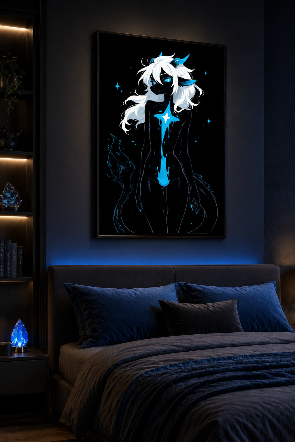 Poster dark fantasy Azuréa, dragonne anthropomorphe noire, volute de glace bleue, trait de poison net sur le ventre