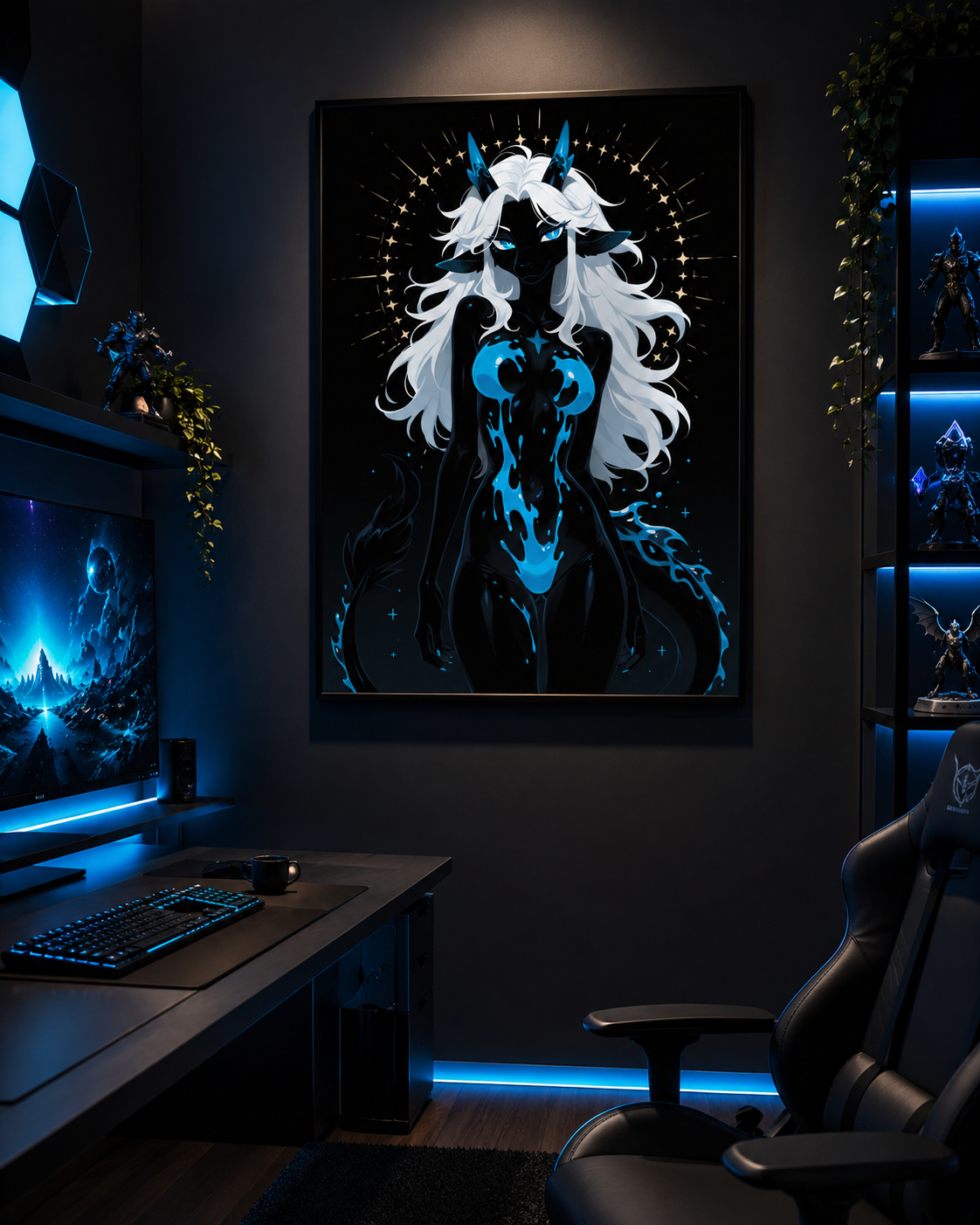 Poster dark fantasy Azuréa, dragonne anthropomorphe noire, couronne d'étoiles dorées, queue à motifs de flammes bleues