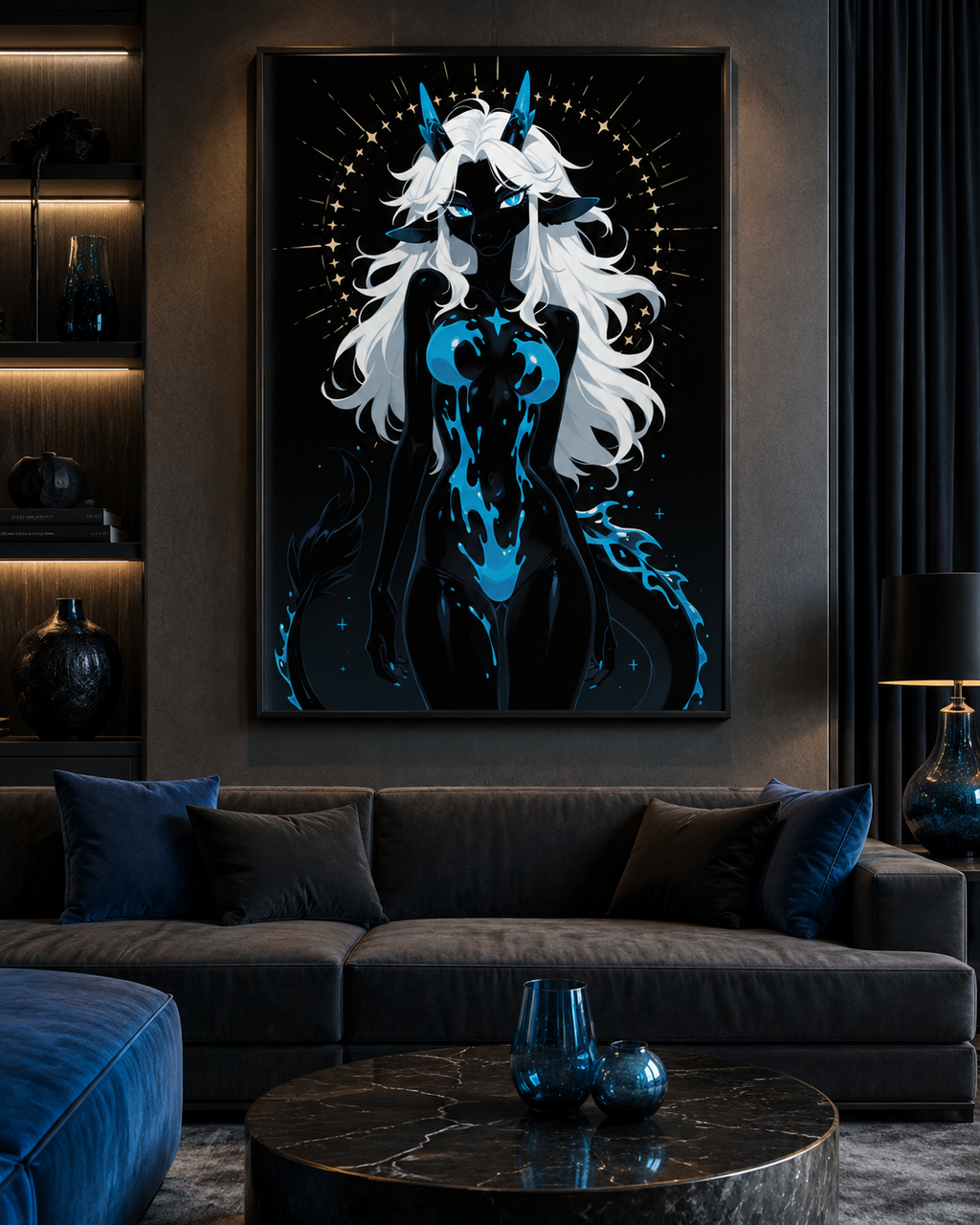 Poster dark fantasy Azuréa, dragonne anthropomorphe noire, couronne d'étoiles dorées, queue à motifs de flammes bleues