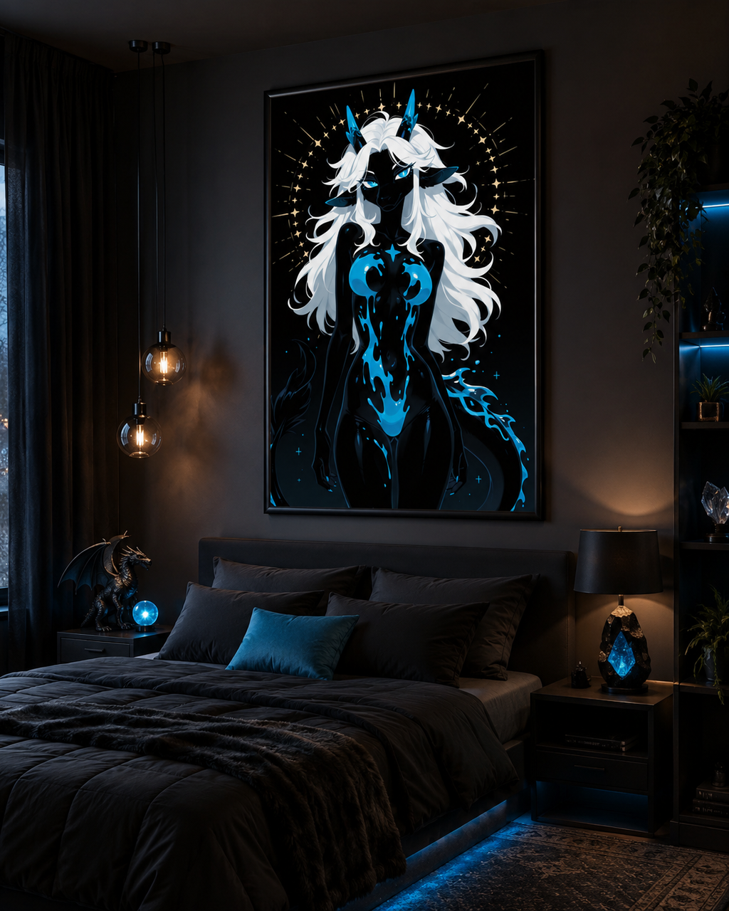 Poster dark fantasy Azuréa, dragonne anthropomorphe noire, couronne d'étoiles dorées, queue à motifs de flammes bleues