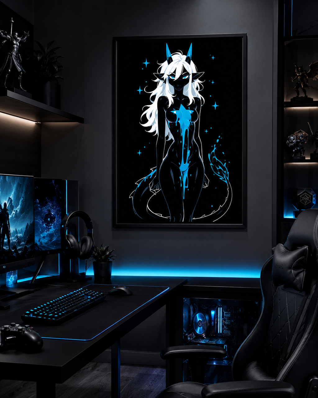 Poster dark fantasy Azuréa, dragonne anthropomorphe noire accroupie, longue traînée d'étoile bleue sur la poitrine