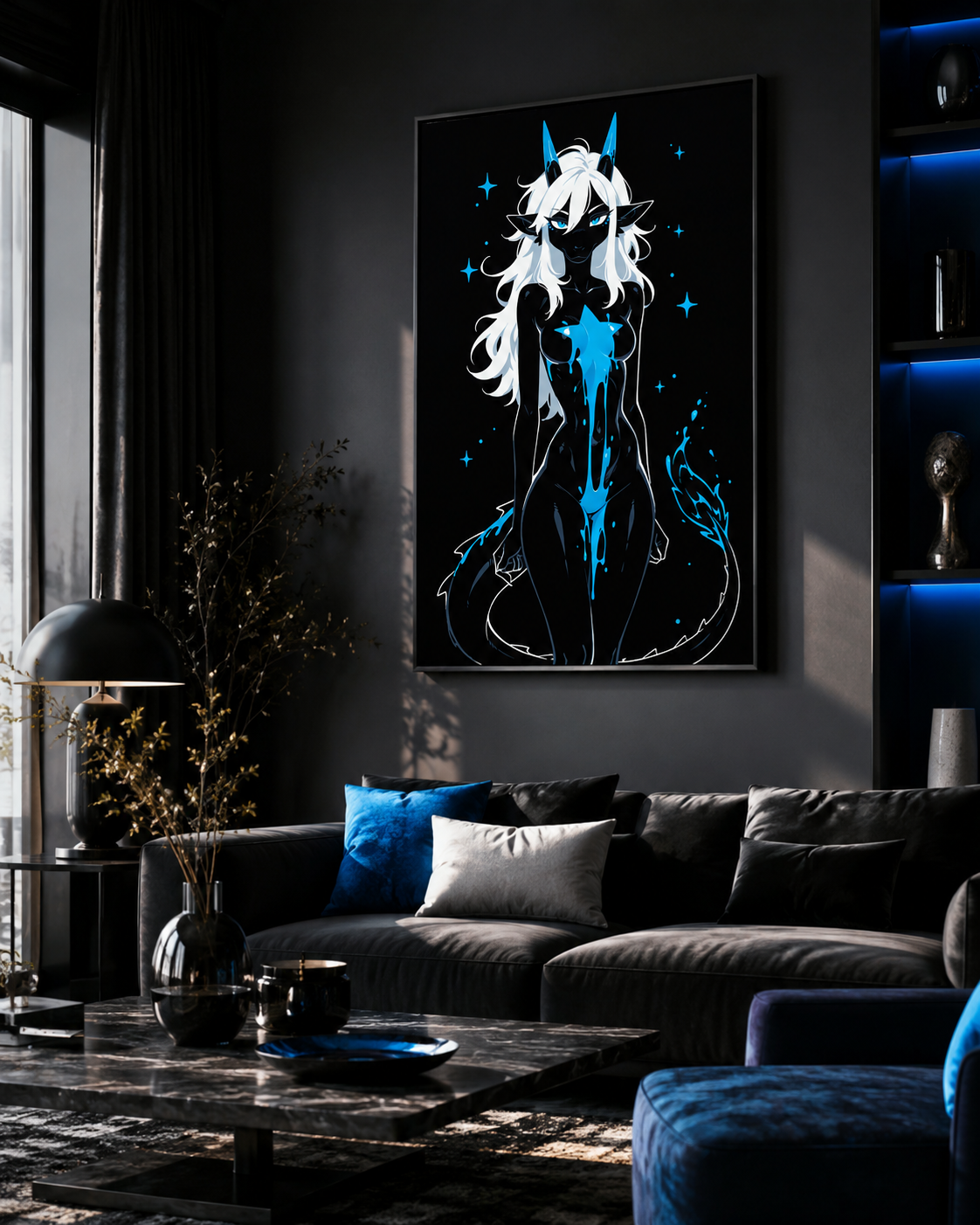 Poster dark fantasy Azuréa, dragonne anthropomorphe noire accroupie, longue traînée d'étoile bleue sur la poitrine