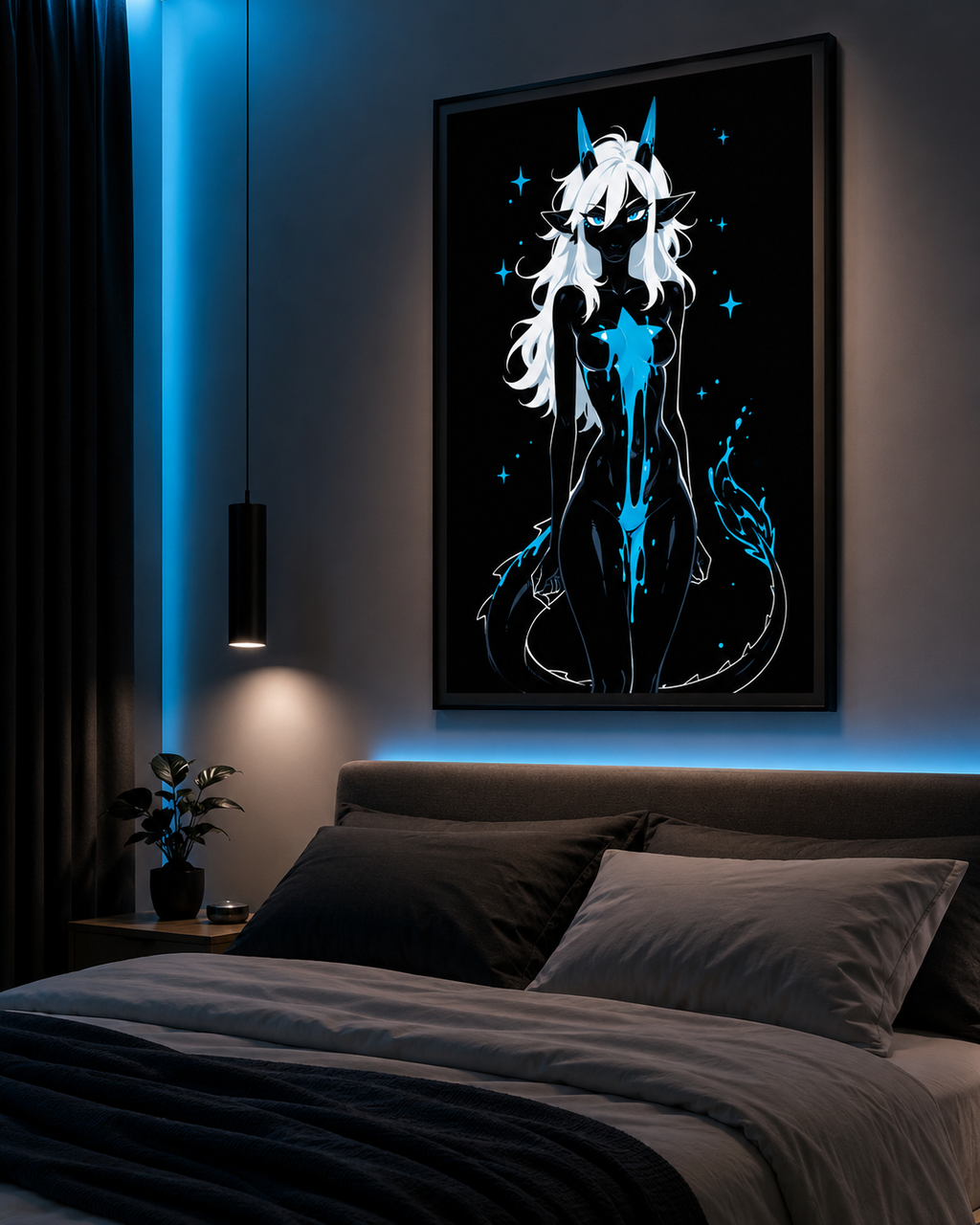 Poster dark fantasy Azuréa, dragonne anthropomorphe noire accroupie, longue traînée d'étoile bleue sur la poitrine