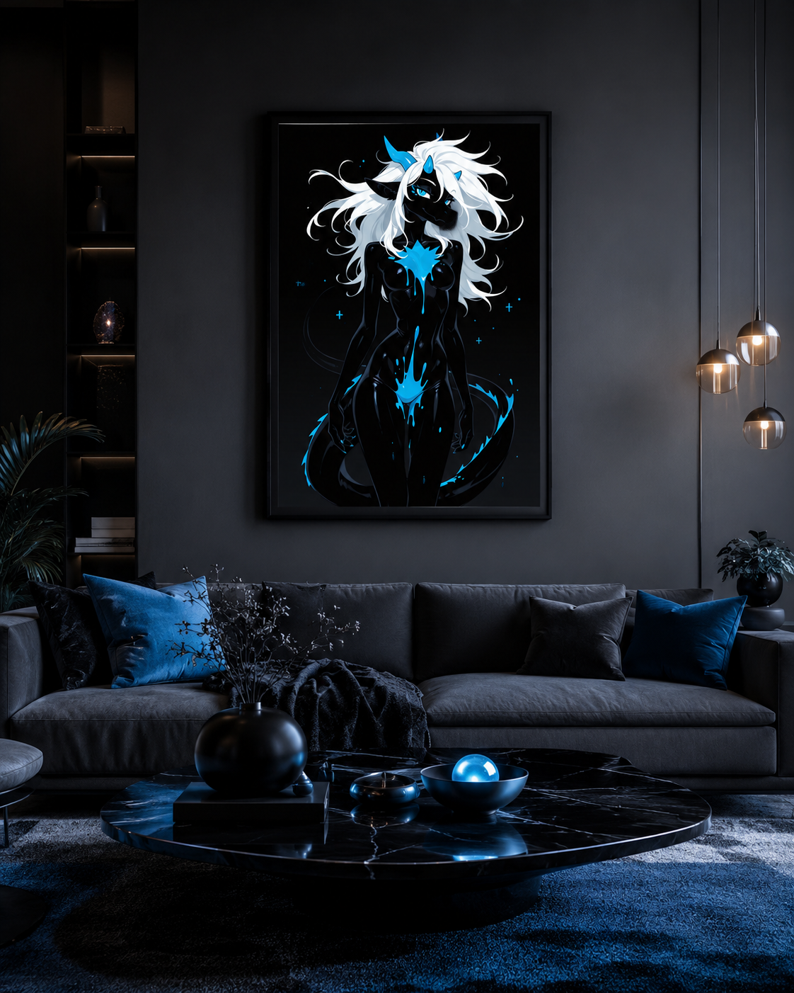 Poster dark fantasy Azuréa, dragonne anthropomorphe noire, queue en tourbillon autour des jambes, trois petites cornes