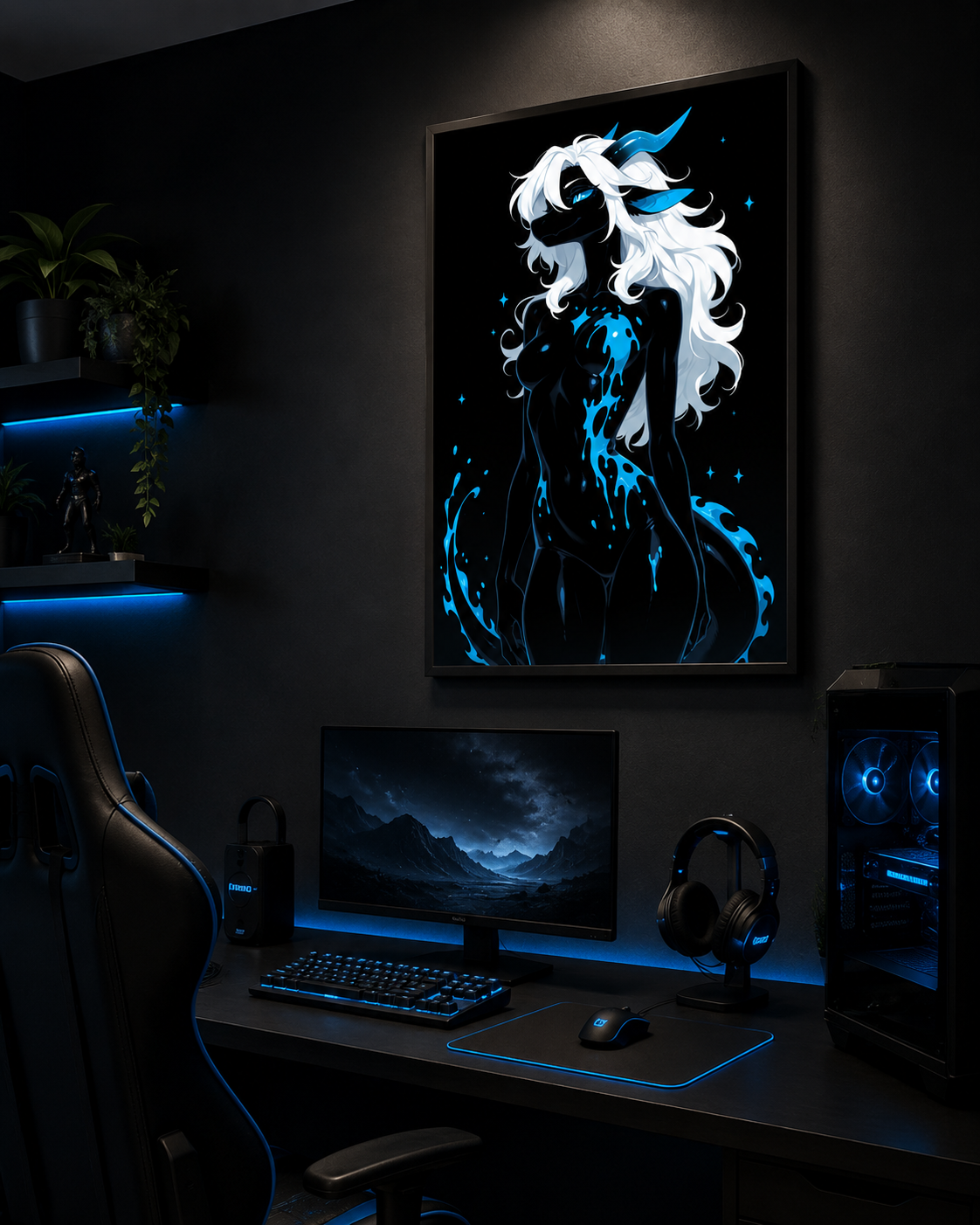 Poster dark fantasy Azuréa, dragonne anthropomorphe noire, menton relevé, vagues d'eau bleue jaillissant autour d'elle