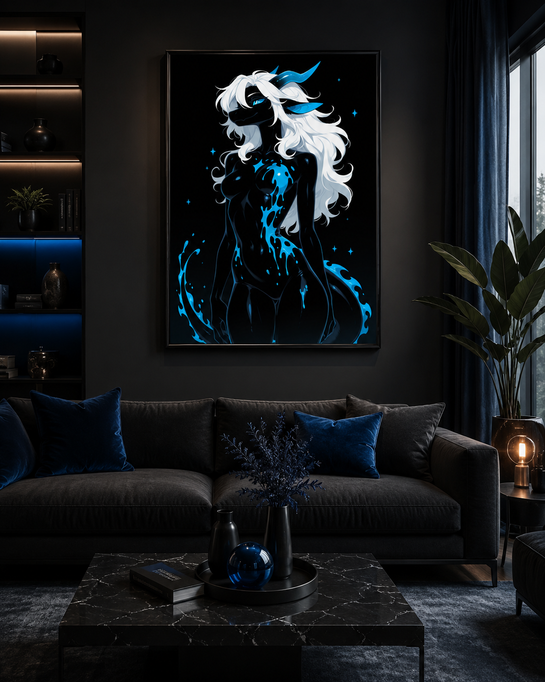 Poster dark fantasy Azuréa, dragonne anthropomorphe noire, menton relevé, vagues d'eau bleue jaillissant autour d'elle