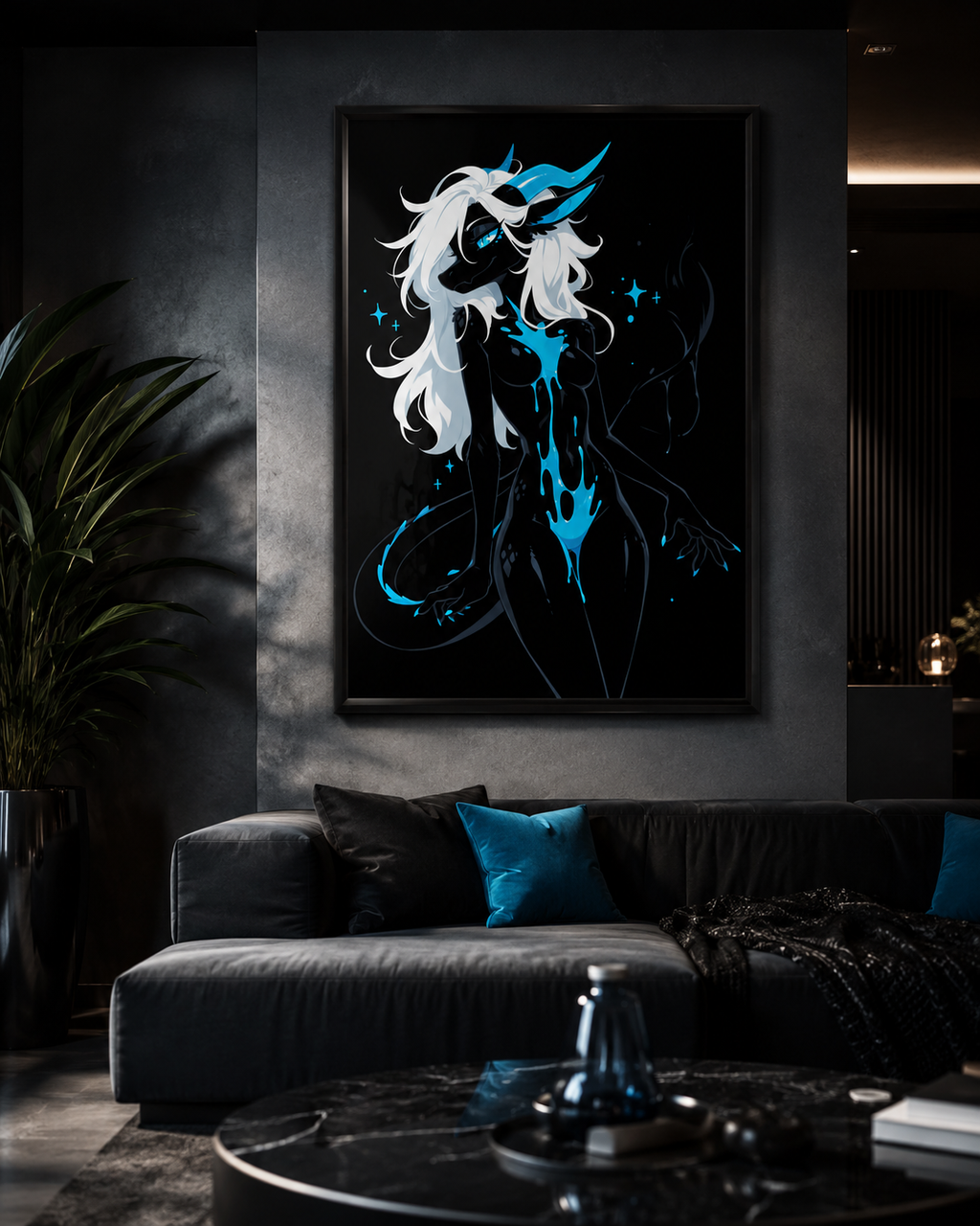 Poster dark fantasy Azuréa, dragonne anthropomorphe noire, ailes translucides, écailles en losange sur la hanche