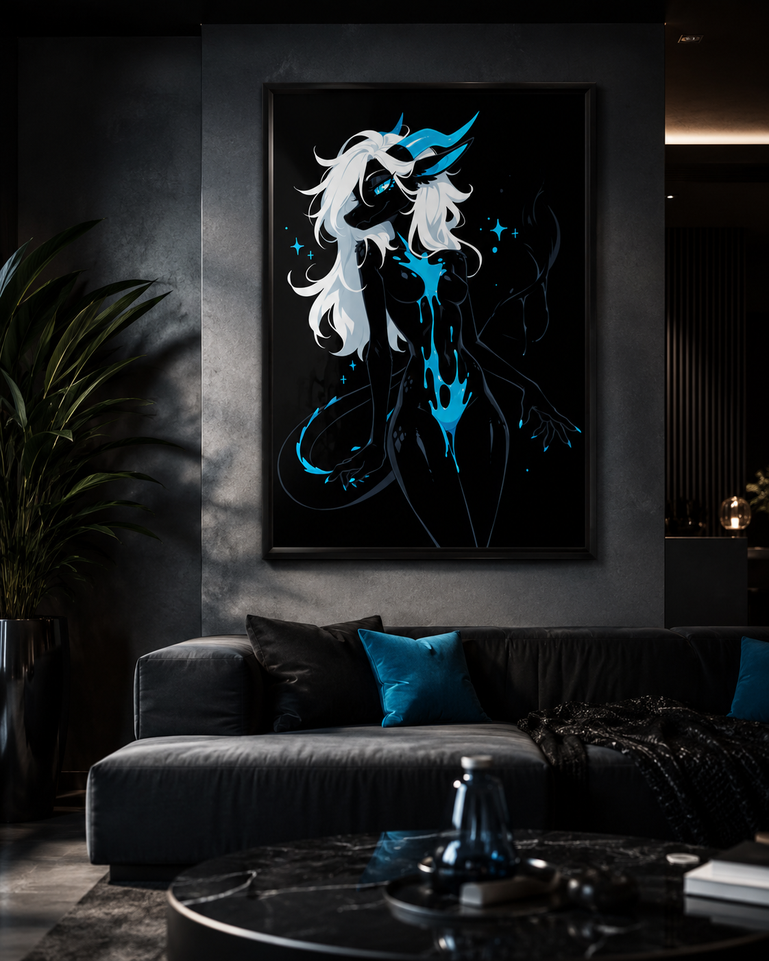 Poster dark fantasy Azuréa, dragonne anthropomorphe noire, ailes translucides, écailles en losange sur la hanche