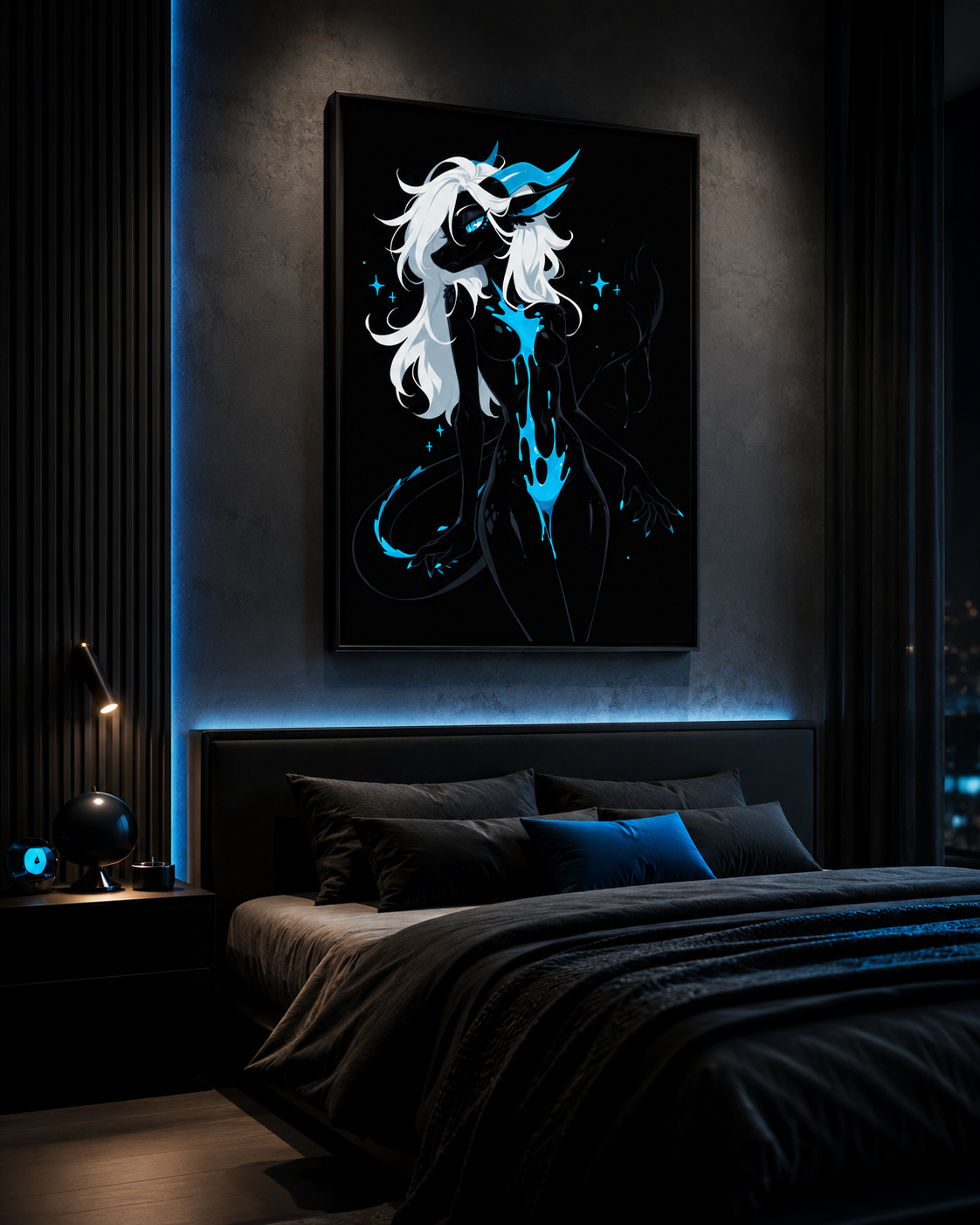 Poster dark fantasy Azuréa, dragonne anthropomorphe noire, ailes translucides, écailles en losange sur la hanche