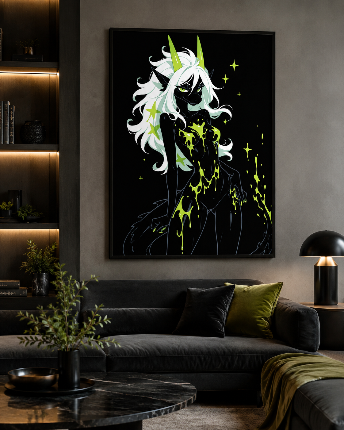 Poster dark fantasy Acydra, renarde-dragonne anthropomorphe noire, grandes étoiles vertes dans la crinière, regard suspicieux