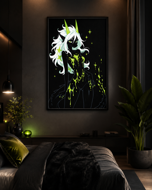 Poster dark fantasy Acydra, renarde-dragonne anthropomorphe noire, grandes étoiles vertes dans la crinière, regard suspicieux