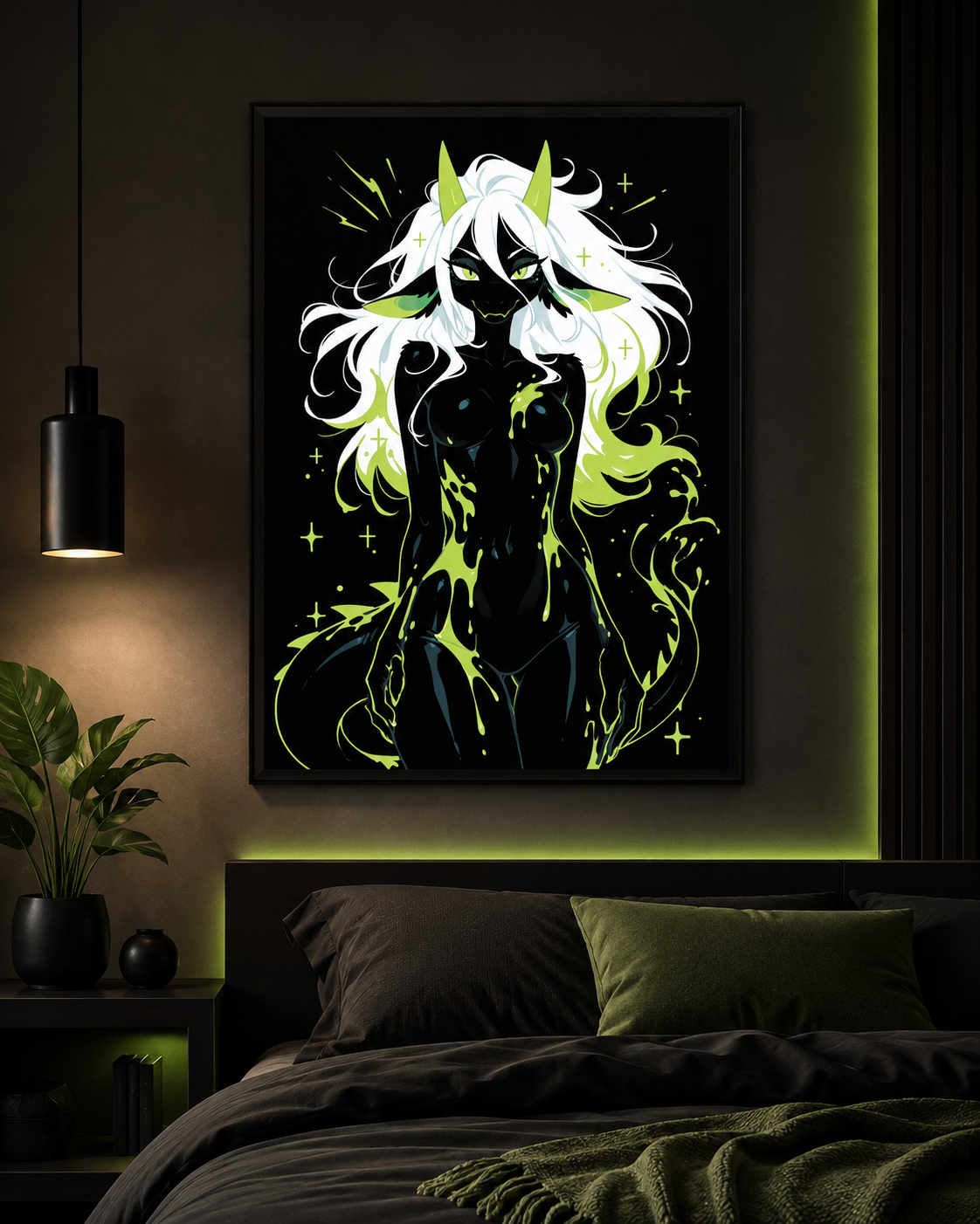 Poster dark fantasy Acydra, renarde-dragonne anthropomorphe noire, sourire à crocs, mèches vertes, traînées flambées vert