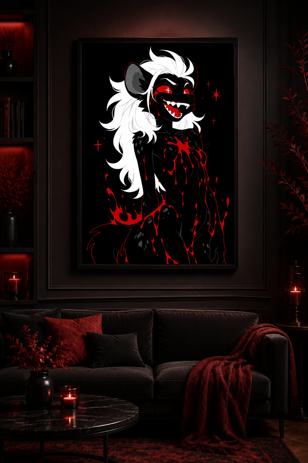 Poster dark fantasy Strige, hyène anthropomorphe noire, sourire sanglant aux crocs visibles, large tache de sang sur la poitrine