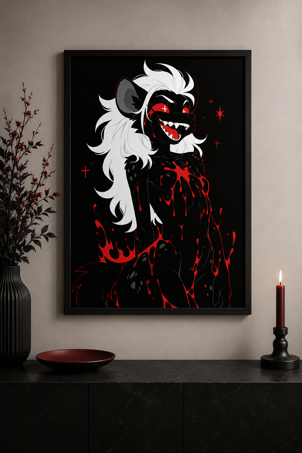 Poster dark fantasy Strige, hyène anthropomorphe noire, sourire sanglant aux crocs visibles, large tache de sang sur la poitrine