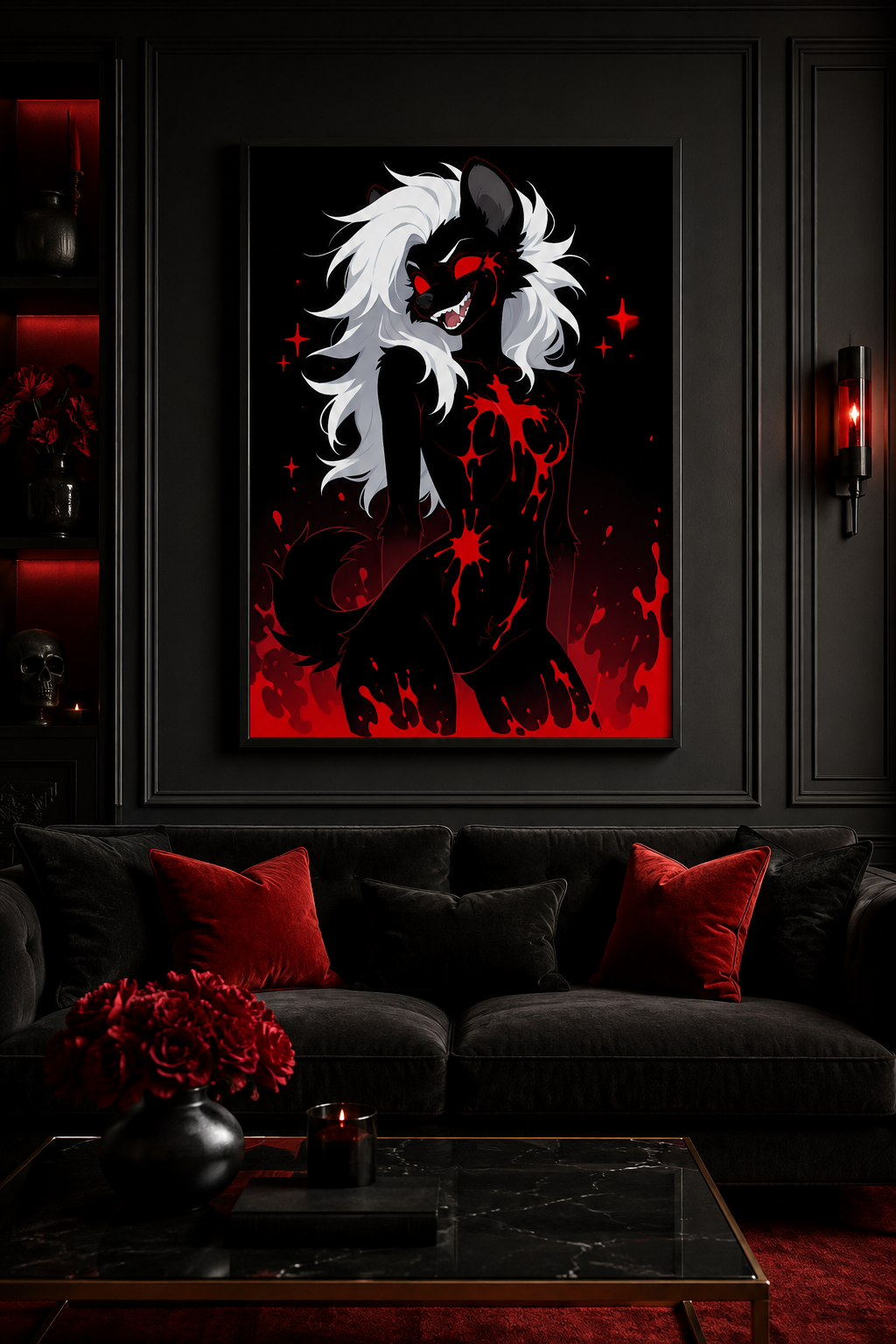 Poster dark fantasy Strige, hyène anthropomorphe noire accroupie, tache de sang en étoile sur la poitrine