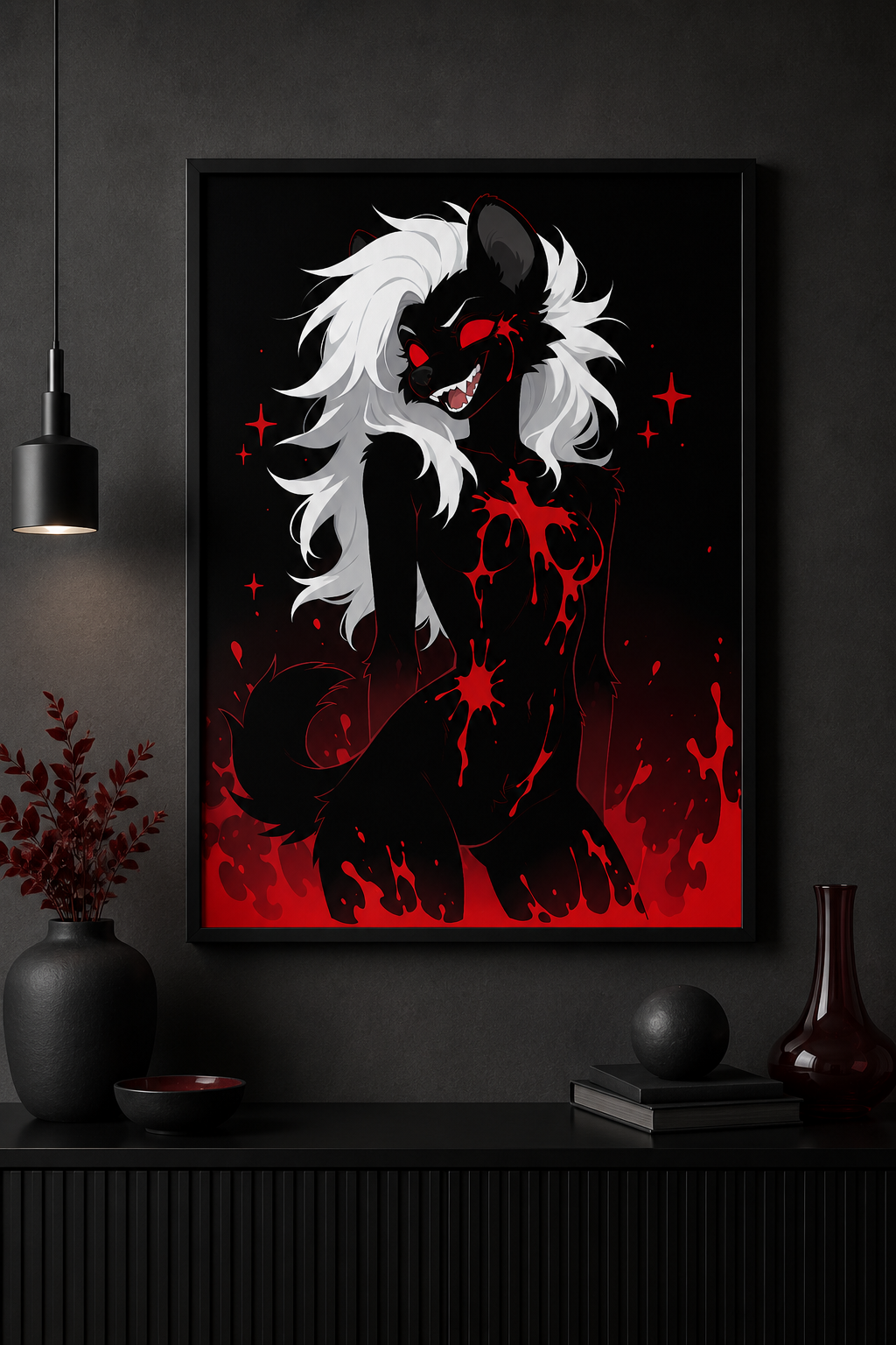 Poster dark fantasy Strige, hyène anthropomorphe noire accroupie, tache de sang en étoile sur la poitrine