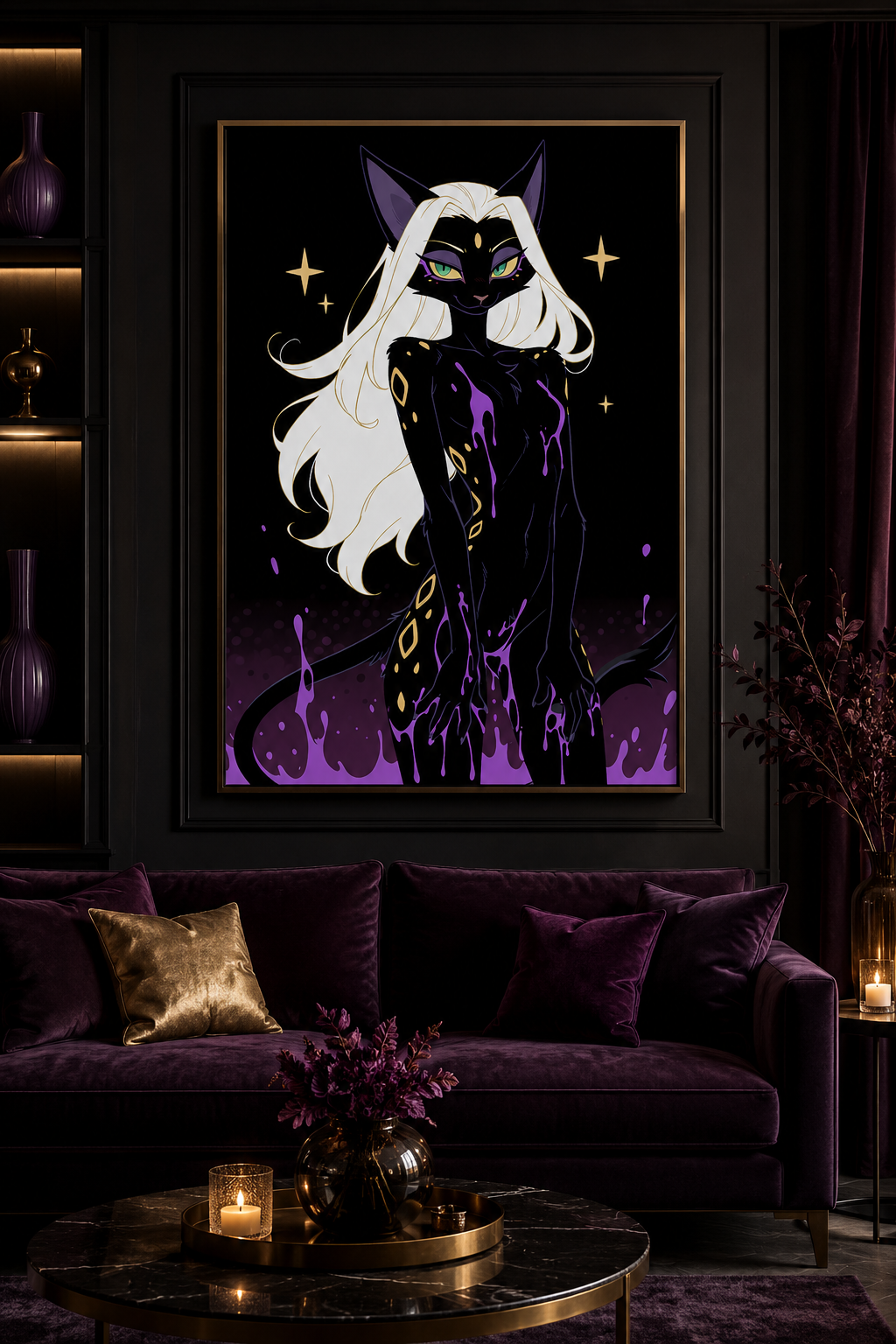 Poster dark fantasy Astréa, panthère anthropomorphe noire aux yeux verts et marques dorées en amande