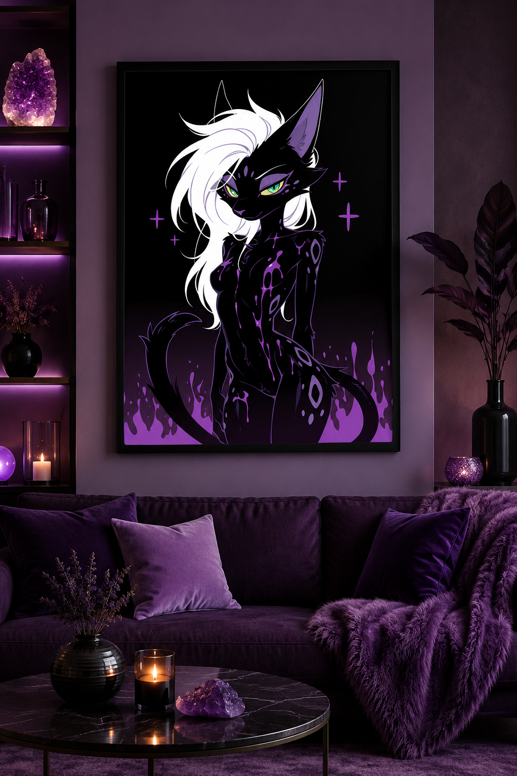 Poster dark fantasy Astréa, panthère anthropomorphe noire à l'oreille violette asymétrique et au regard direct