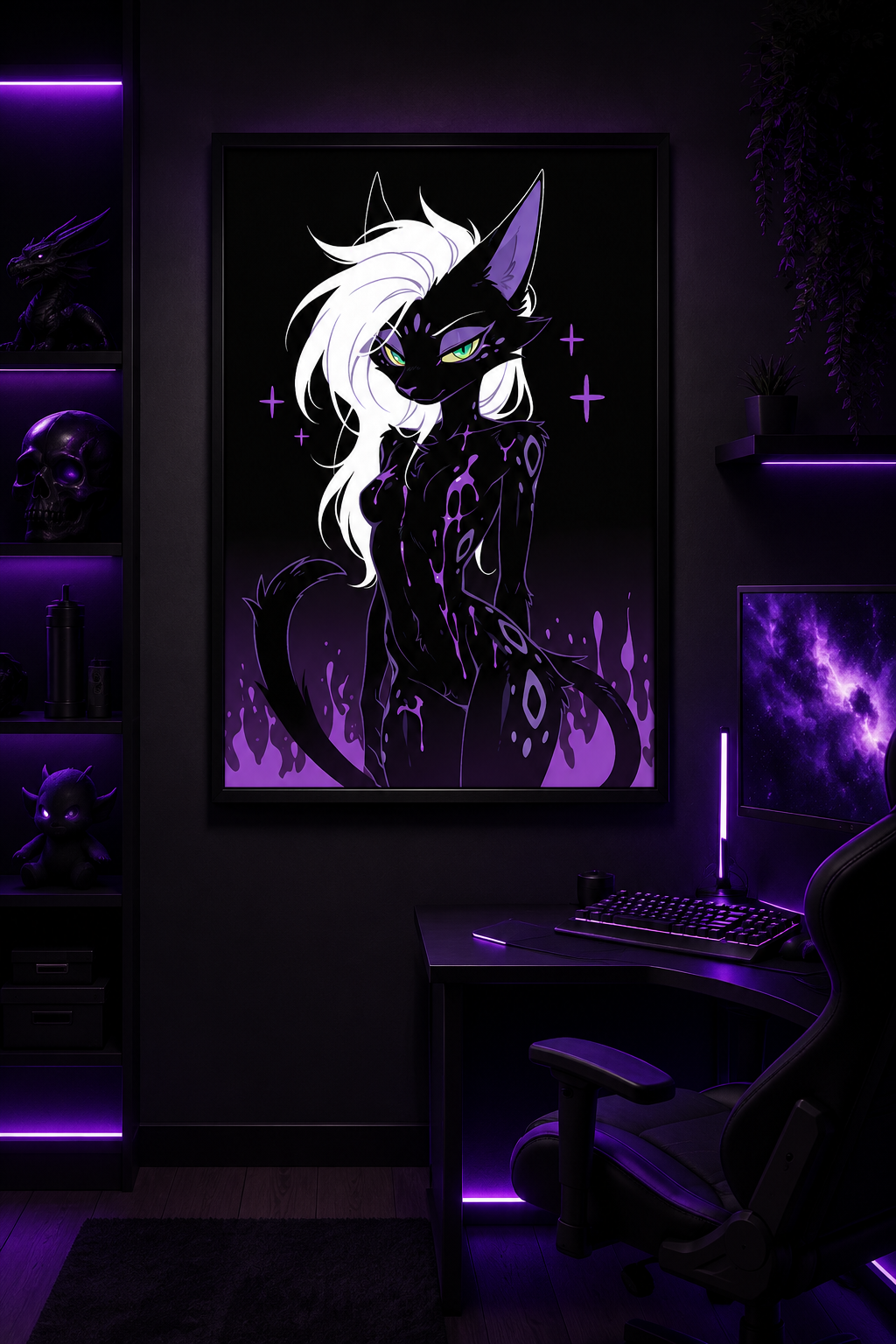 Poster dark fantasy Astréa, panthère anthropomorphe noire à l'oreille violette asymétrique et au regard direct