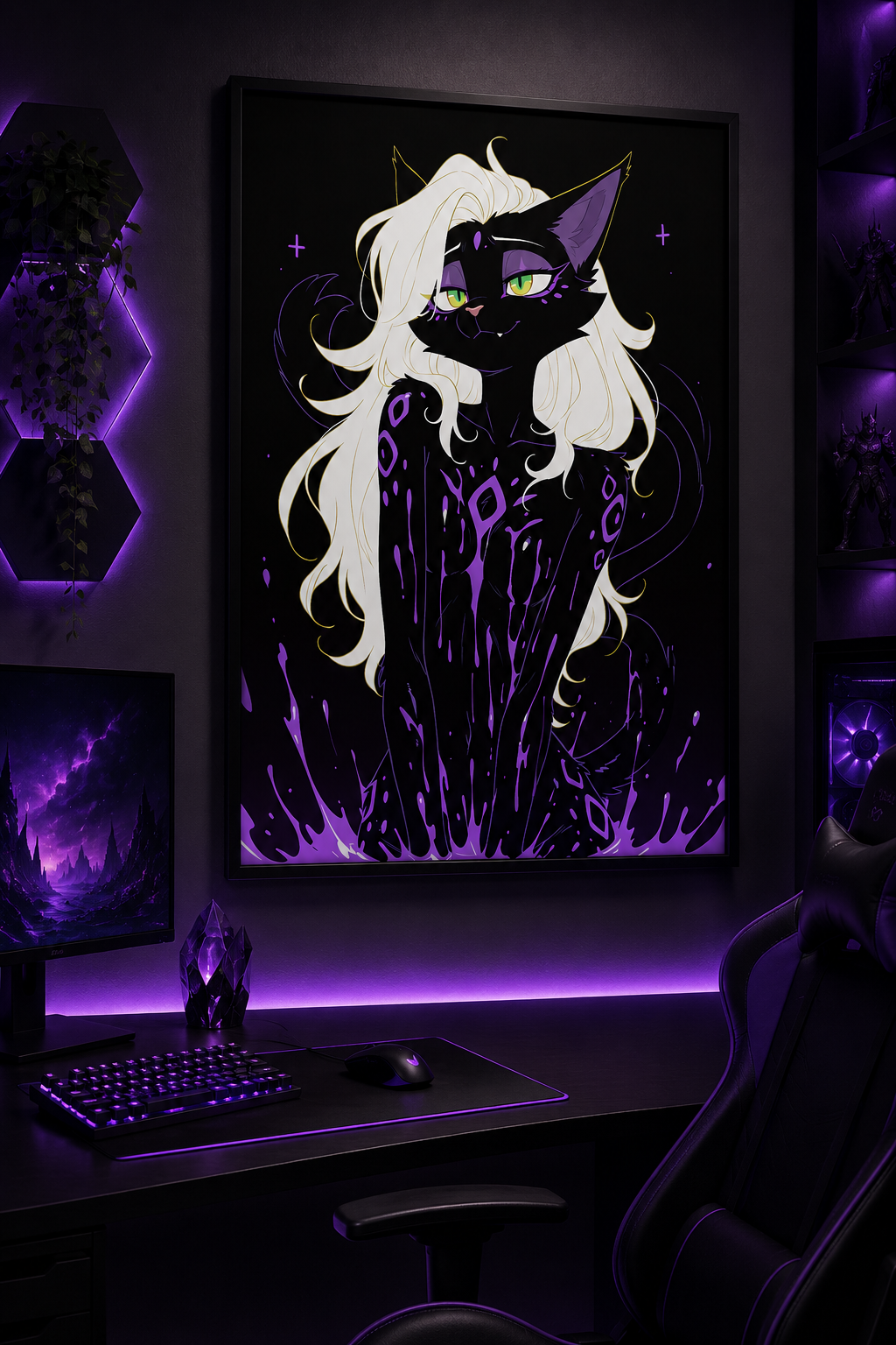Poster dark fantasy Astréa, panthère anthropomorphe noire aux oreilles violettes bordées d'or, sourire affirmé
