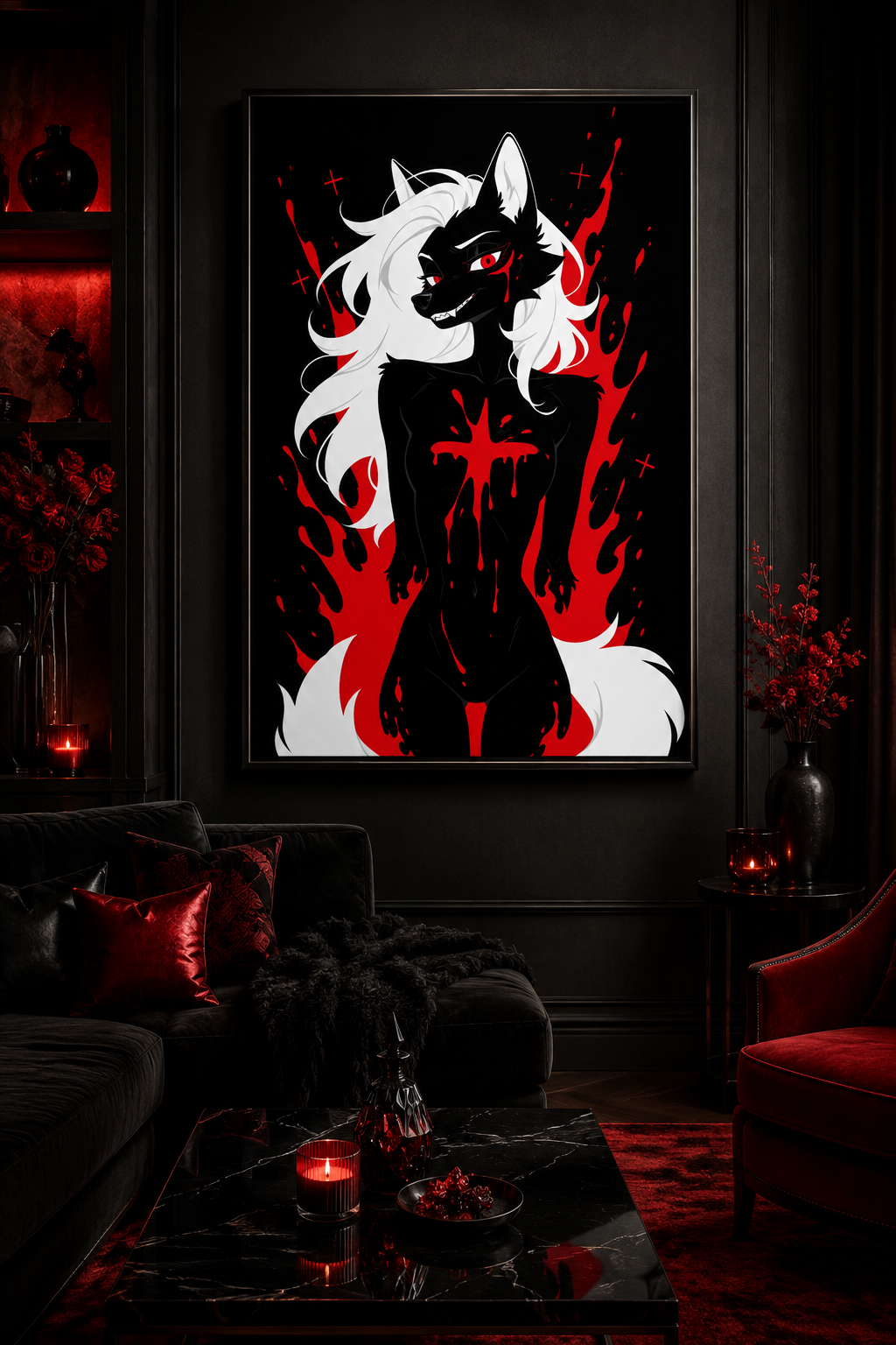 Poster dark fantasy Vermeille, louve anthropomorphe noire à la traînée de sang sous l'œil, encadrée de flammes rouges